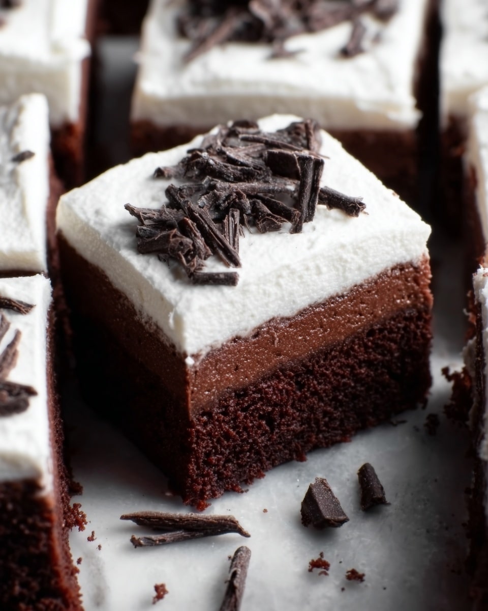 The image shows multiple square pieces of chocolate dessert with two layers: a thick bottom layer of dark, smooth chocolate cake and a top layer of white, creamy frosting. Small dark chocolate shavings are scattered unevenly on the frosting and on the white marbled surface around the dessert pieces. The cake pieces are arranged close together, slightly overlapping in some areas. photo taken with an iphone --ar 4:5 --v 7