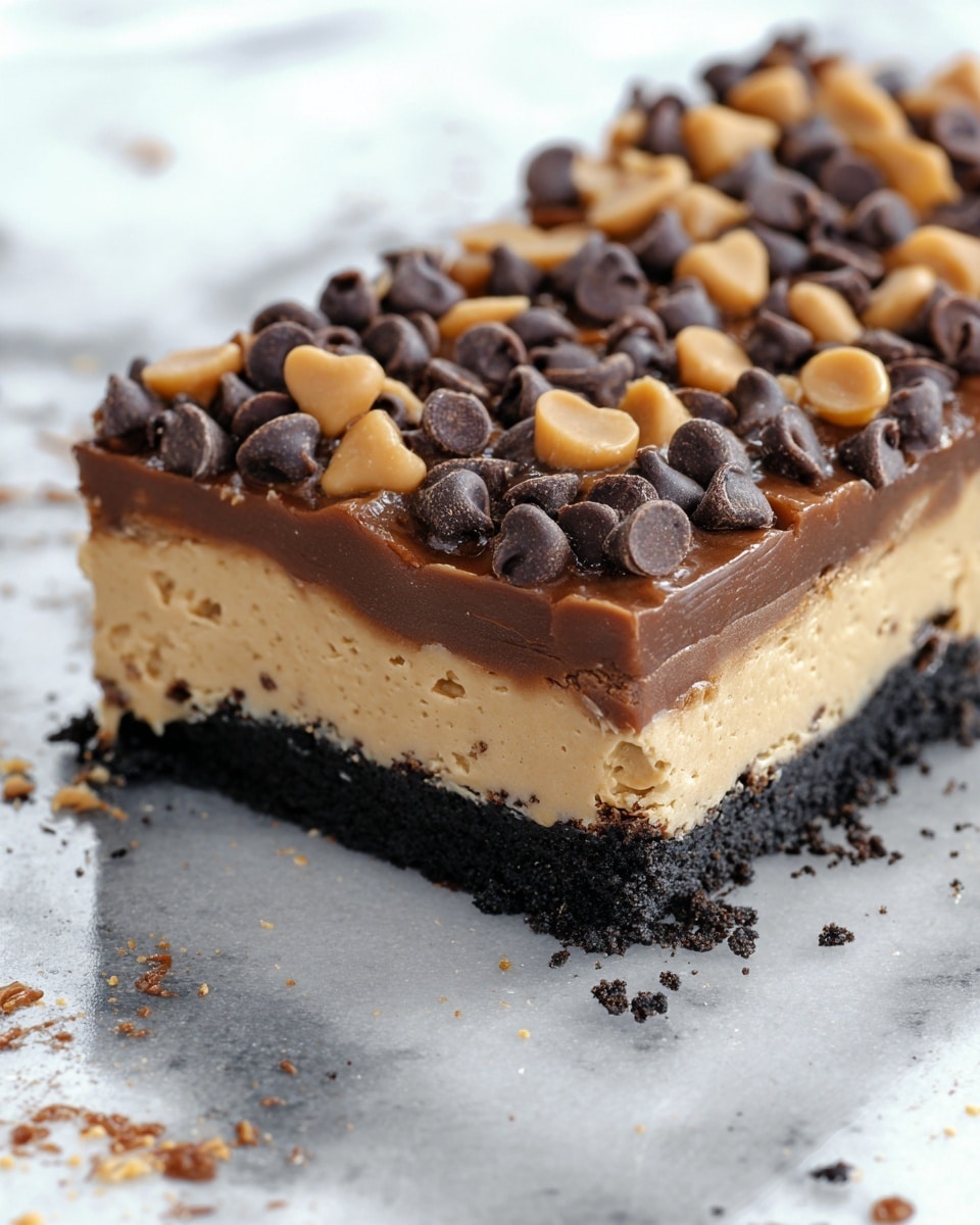 The image shows a square dessert with three clear layers on a white marbled surface. The bottom layer is a dark, crumbly chocolate crust. Above it is a thin layer of smooth, shiny chocolate filling. The top layer is a thick, light tan creamy layer, looking soft and fluffy. The surface is covered with a mix of small dark chocolate chips and larger light brown butterscotch chips, creating a textured and colorful topping. Photo taken with an iphone --ar 4:5 --v 7