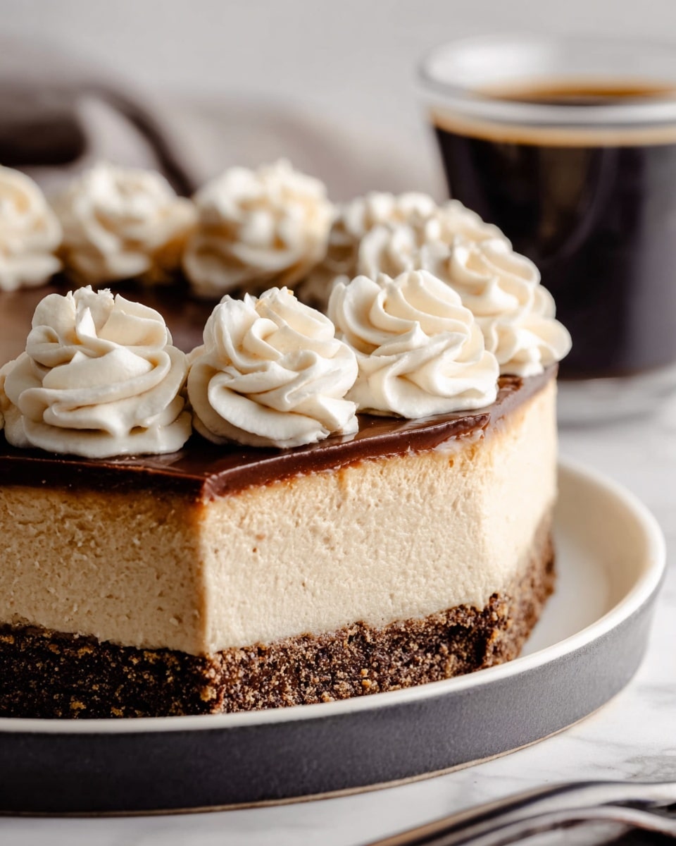 A close-up of a three-layer dessert on a white plate: the bottom layer is dark brown and crumbly, the middle layer is thick and light beige with a creamy texture, topped by a smooth, glossy dark chocolate layer. On top, there are multiple swirls of light beige whipped cream evenly spaced around the edge. In the background, there is a clear glass cup filled with dark coffee on a white marbled surface. Photo taken with an iphone --ar 4:5 --v 7