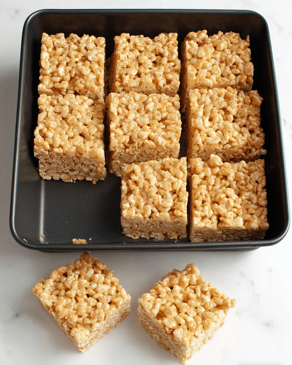 The image shows a dark gray square pan filled with six golden brown rice crispy treats, cut into two rows of three. The treats have a rough, puffy texture made from puffed rice and melted marshmallows, with a slightly shiny surface. In front of the pan, two of these square treats sit on a white marbled surface, showing their sides with the same light brown, crispy texture packed tightly together. The overall look is simple and inviting, with soft light highlighting the texture of the treats. Photo taken with an iphone --ar 4:5 --v 7