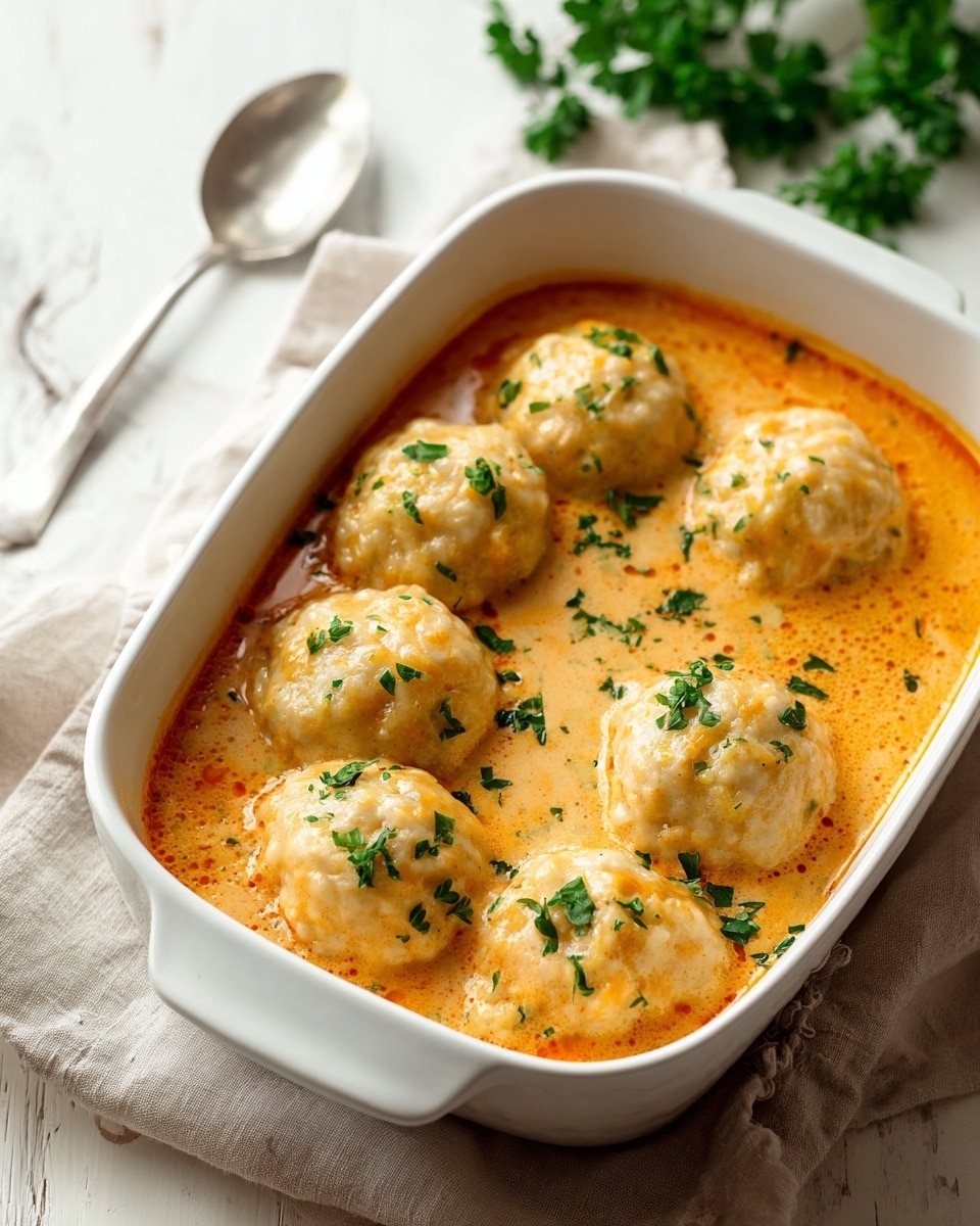 A white rectangular baking dish holds six large, round dumplings with a soft, golden-brown surface speckled with chopped green herbs. The dumplings rest in a thick, creamy orange sauce that fills the dish halfway, with some sauce clinging to the edges of the dish. In the background, fresh green parsley adds a pop of color, and a silver spoon lies beside the dish. The whole scene is set on a white marbled surface with a light beige cloth partially under the baking dish. Photo taken with an iphone --ar 4:5 --v 7