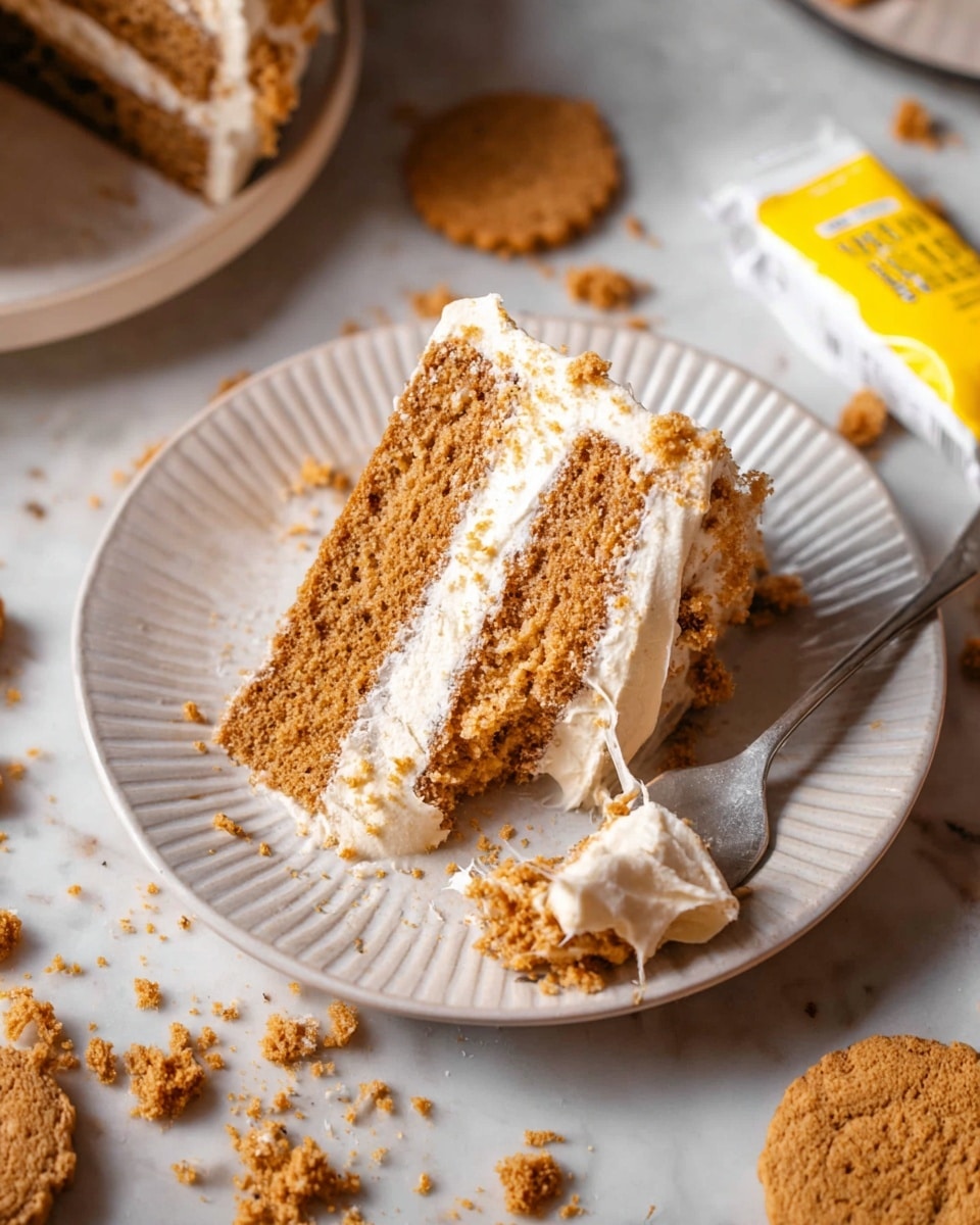 The image shows a slice of three-layer cake on a white fluted plate, with each layer of cake being light brown and crumbly, separated by thick layers of white frosting. The outside of the cake is also covered in smooth white frosting. A silver spoon rests on the plate, holding a bite-sized piece of cake with frosting on top. Around the plate are scattered cookie crumbs and pieces, with broken cookies visible in the background. The surface underneath is a white marbled texture. photo taken with an iphone --ar 4:5 --v 7