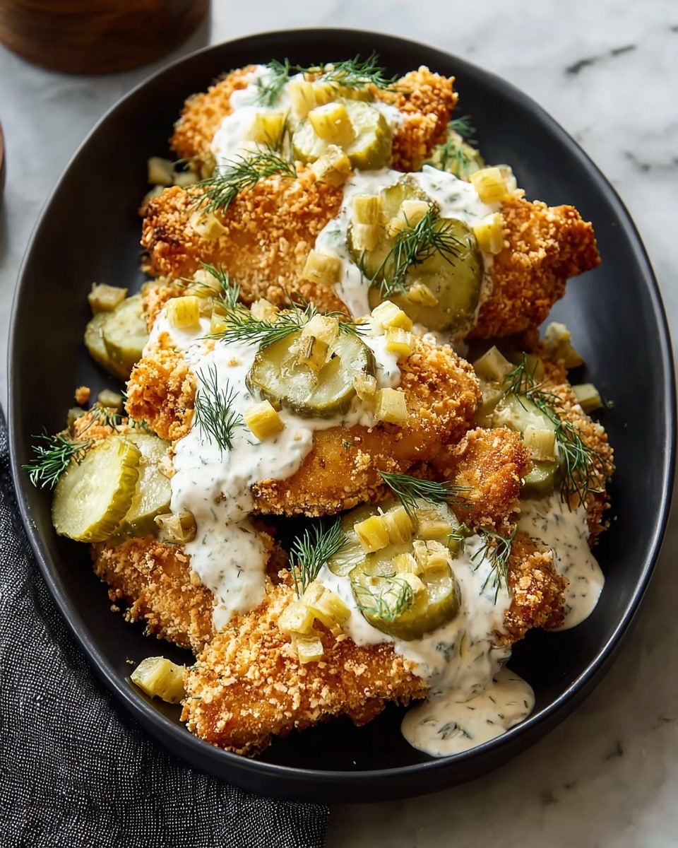 A black oval plate is filled with about six golden brown crispy breaded chicken pieces, each topped with a dollop of white creamy sauce dotted with green herbs. Small bright yellow chunks and sprigs of fresh green dill are scattered on top of the sauce, adding color contrast. Thin, round slices of green pickles are placed mostly on the right side and a few are under the chicken. The plate sits on a dark wooden surface with a bit of a gray cloth on the left edge. photo taken with an iphone --ar 4:5 --v 7