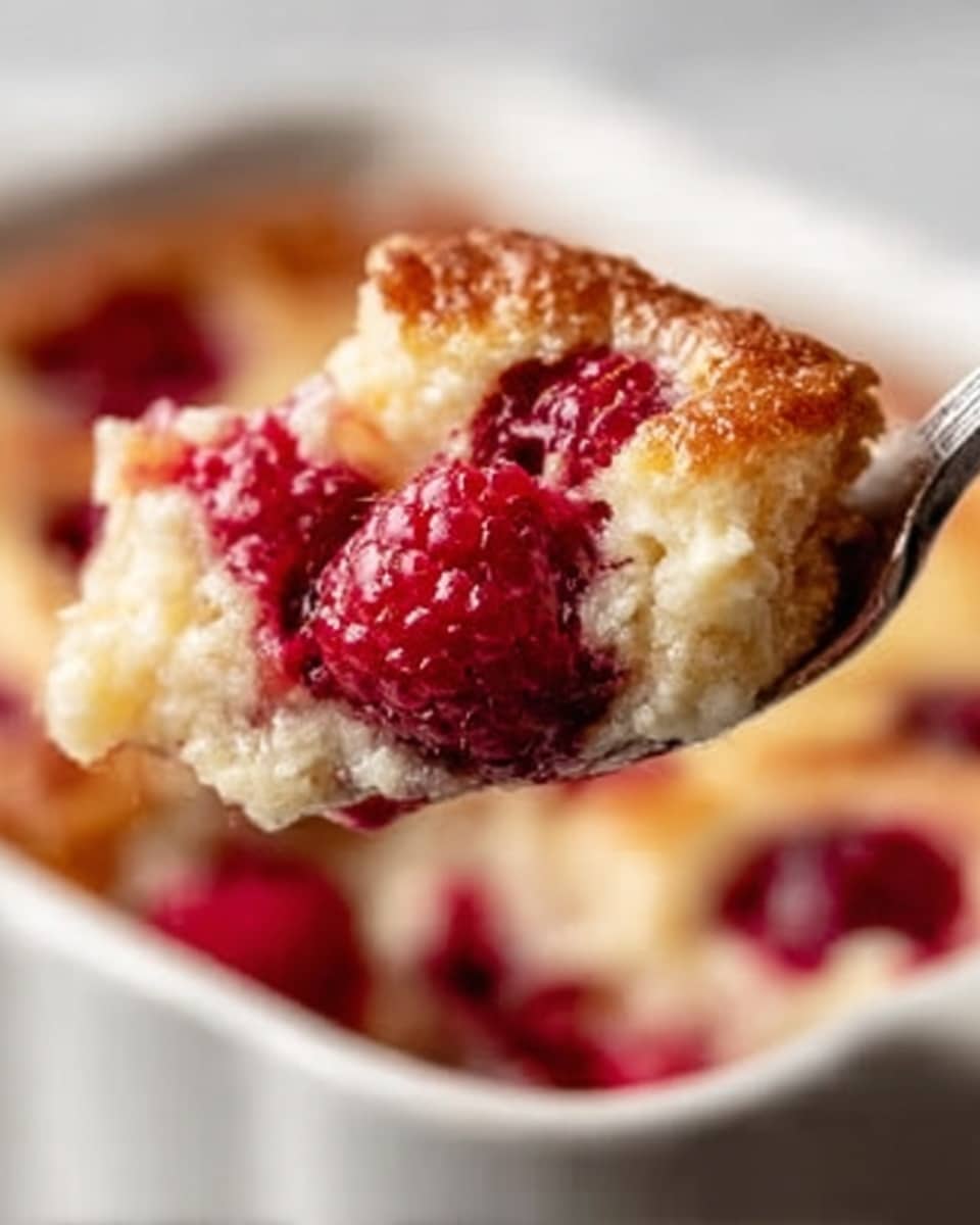 A close-up view shows a spoon lifting a soft, golden-brown baked dessert with bright red raspberries embedded inside. The dessert has a light, fluffy texture with a slightly crispy top, and the raspberries are juicy and fresh, standing out with their vibrant color against the warm, creamy base. The background is a white marbled texture, blurred gently to keep the focus on the spoon and the dessert. Photo taken with an iphone --ar 4:5 --v 7