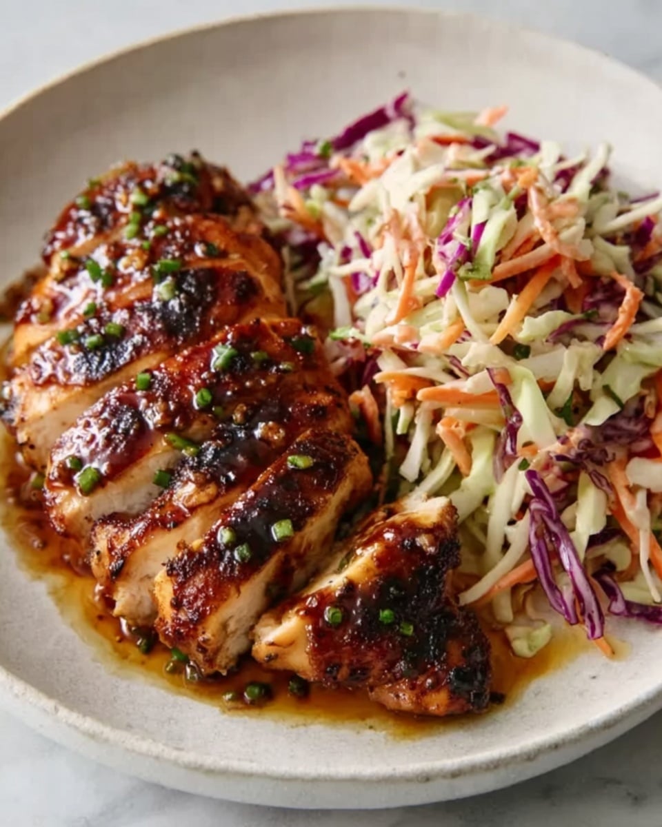 The image shows a white plate on a white marbled surface with sliced grilled chicken breast as the main focus. The chicken is arranged in a slightly fanned-out manner with a shiny brown glaze and a sprinkling of chopped green herbs on top. To the side of the chicken, there is a colorful coleslaw made of thinly sliced cabbage, carrots, and possibly apple pieces, adding shades of purple, orange, and pale yellow. The textures of the chicken are smooth and glossy from the sauce, while the coleslaw looks fresh and crunchy. The photo taken with an iphone --ar 4:5 --v 7