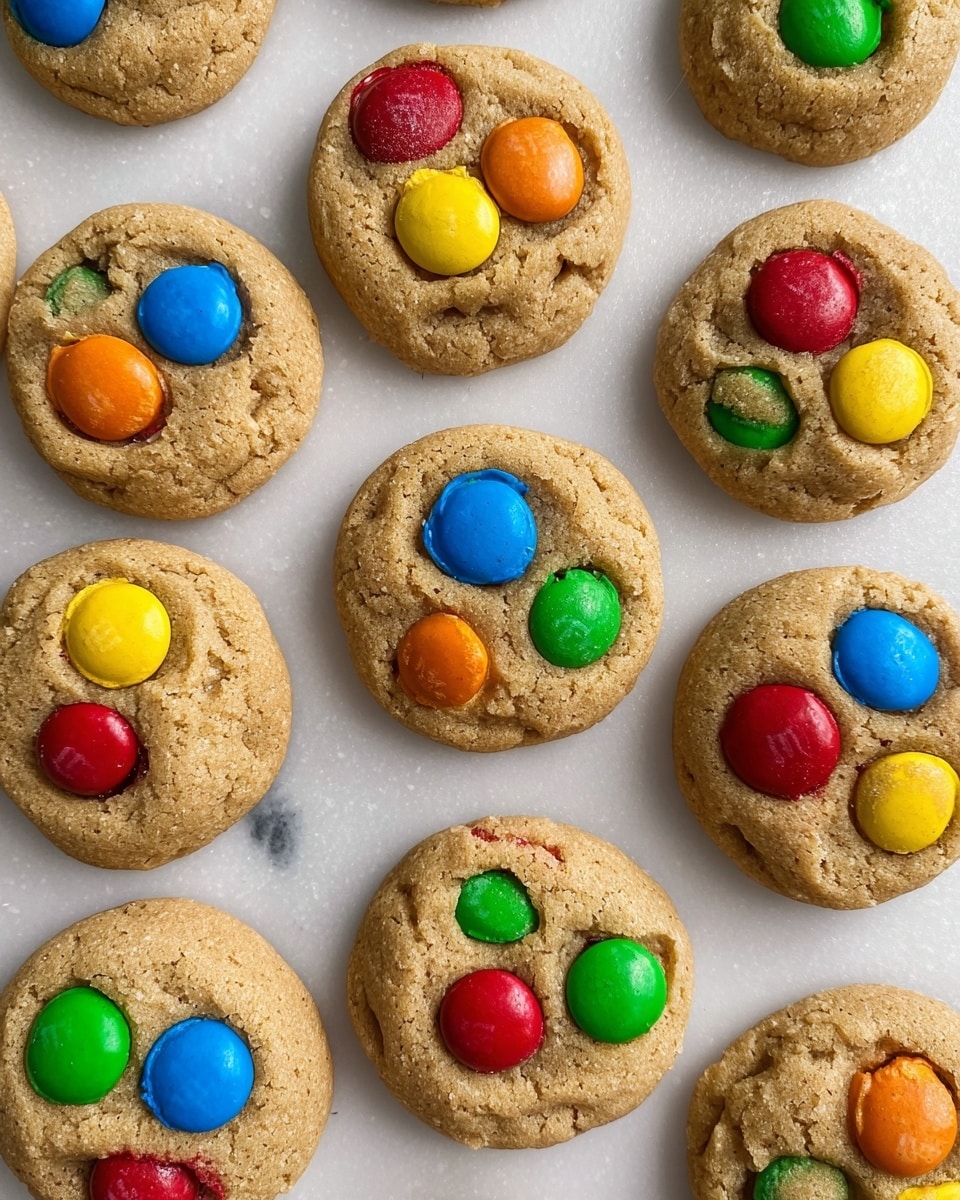 The image shows a collection of small, round cookies laid out over a white marbled texture, each cookie having a rough, crumbly golden-brown surface. Each cookie has three colorful candy-coated chocolate pieces embedded on top, in bright shades of red, green, blue, yellow, and orange, which create a vibrant contrast against the warm cookie dough. The candies sit slightly sunken in the cookies, showing small cracks on their shiny shells, while the cookies have subtle cracks and uneven edges. The cookies are spaced evenly, giving a neat and inviting look. photo taken with an iphone --ar 4:5 --v 7