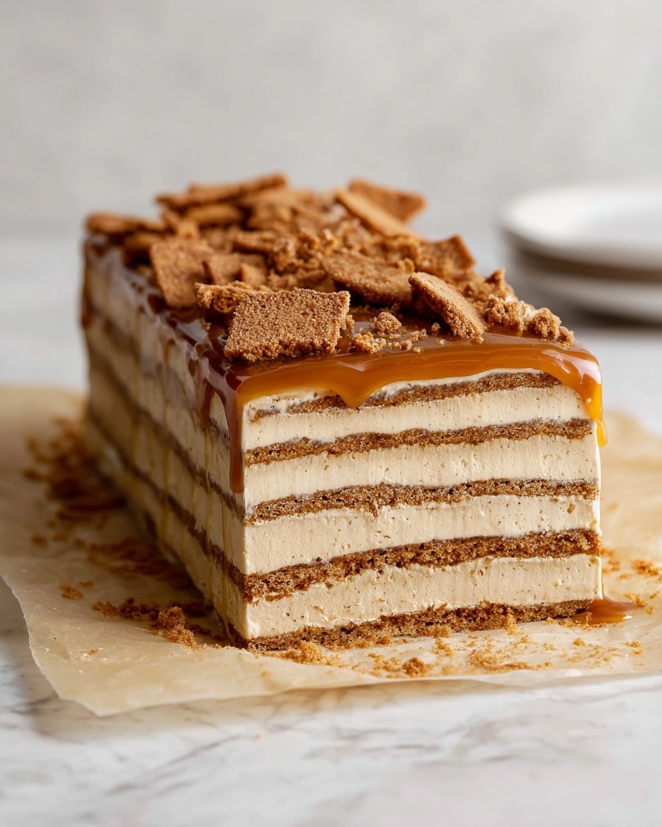 A close-up side view of a rectangular layered dessert with alternating layers of light cream and brown cookie-like texture, about eight layers in total. The top layer is covered in a thick, smooth caramel glaze that drips slightly down the sides. Crushed cookies in various sizes are scattered on top of the caramel. The dessert sits on light brown parchment paper on a surface with a white marbled texture in the background. Photo taken with an iphone --ar 4:5 --v 7