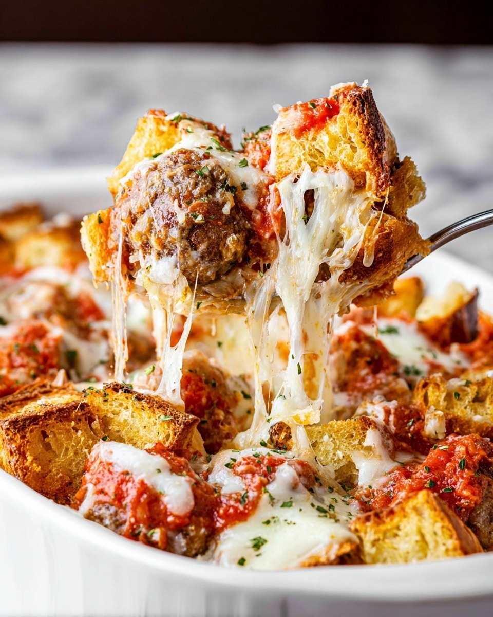 The image shows a close-up of a baked Italian dish with three clear layers: the bottom layer is golden-baked bread chunks, crispy and porous; the middle layer is red tomato sauce with melted white cheese stringing down, creating a gooey texture; on top, there are brown meatballs sprinkled with small green herbs. The dish is served in a white ceramic dish, and a spoon is lifting a portion, revealing the rich texture and melted cheese stretching between the spoon and the dish. The background shows a white marbled surface. photo taken with an iphone --ar 4:5 --v 7