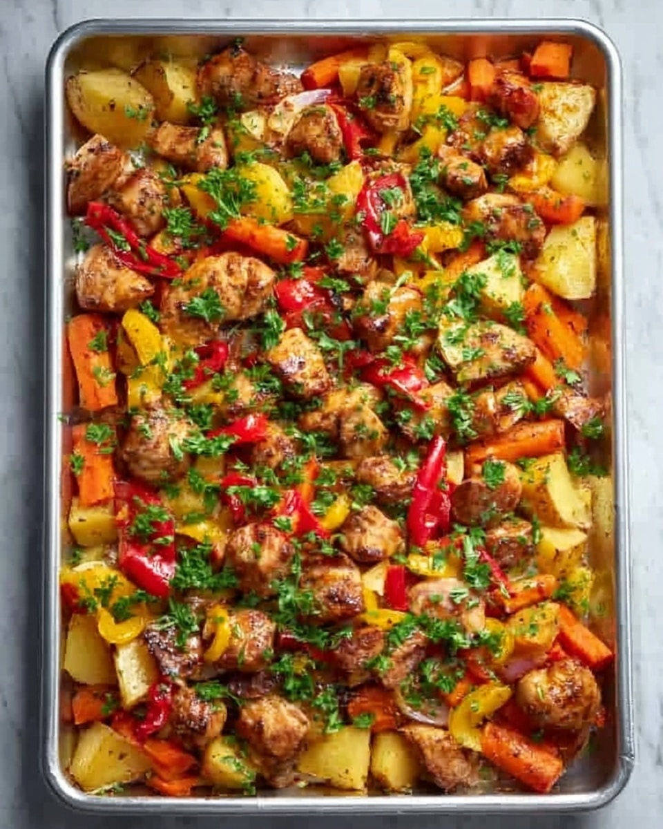 A large silver baking tray filled with roasted chicken pieces and colorful vegetables is shown. The bottom layer consists of golden brown baked potatoes with a slightly crispy texture. Above that are chunks of red and yellow bell peppers adding bright colors. Scattered throughout are bite-sized pieces of tender, browned chicken with a glossy finish. Small orange carrot slices are mixed in, adding a pop of color. Fresh green herbs are sprinkled on top, providing a fresh look. The tray is set on a white marbled surface. Photo taken with an iphone --ar 4:5 --v 7