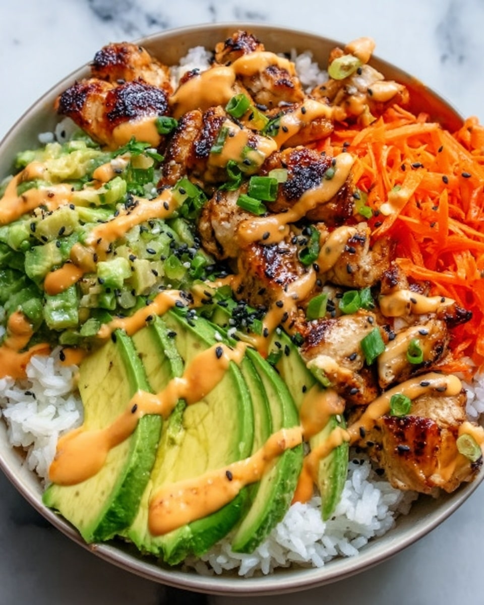 The dish shows a bowl with a white marbled texture background filled with several colorful layers. At the bottom, there is a layer of white rice. On top of the rice, there is grilled chicken sliced into strips, covered with orange sauce and sprinkled with small green herbs. To the left of the chicken, there is a sliced avocado arranged in a fan shape with green and light green shades. Next to the avocado, there are shredded orange carrots. At the top right, there are small yellow potato pieces garnished with chopped green parsley. The whole dish looks fresh and vibrant, captured sharply with a white marbled texture surface. Photo taken with an iphone --ar 4:5 --v 7