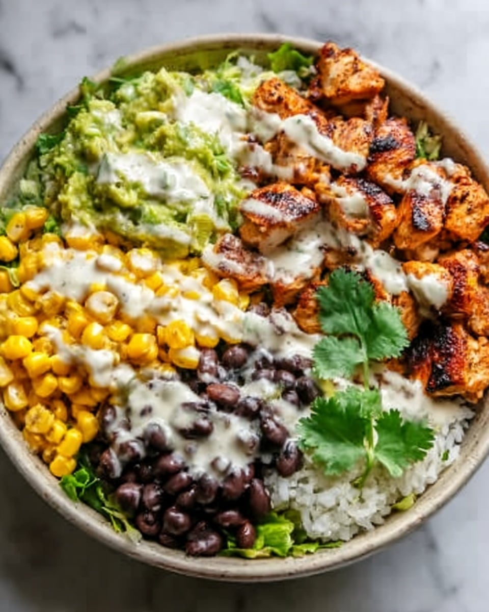 The image shows a white bowl filled with a colorful layered dish. At the bottom is a layer of white rice, topped with three main sections: bright yellow corn on the top left, green mashed avocado on the top right, and dark black beans on the bottom left. On the bottom right, there are chunks of brown, grilled chicken with a slightly crispy texture. The whole dish is drizzled with a light cream sauce and garnished with a fresh green cilantro leaf placed near the center. The bowl is set on a white marbled surface. Photo taken with an iphone --ar 4:5 --v 7