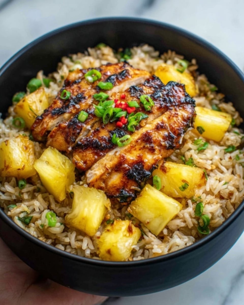 The image shows a black bowl filled with three layers. The bottom layer is white rice, soft and slightly sticky, covering the entire base of the bowl. On top of the rice, there is a layer of dark brown grilled chicken pieces with a shiny glaze, showing slight char marks. Scattered over the chicken are bright yellow pineapple chunks, adding a fresh and juicy texture. Small green onion pieces are sprinkled on top of everything as a garnish. The bowl is placed on a white marbled surface. Photo taken with an iphone --ar 4:5 --v 7