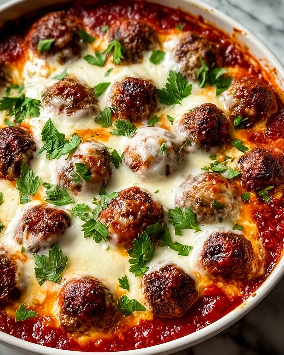 A white round dish is filled with meatballs covered in melted cheese and tomato sauce. There are two main layers visible: the bottom layer is thick, red tomato sauce with some oil around the edges, and on top are brown meatballs evenly spaced over the sauce. The top layer is melted, slightly browned cheese that partly covers each meatball, with fresh, bright green herb leaves sprinkled over everything. The dish sits on a white marbled surface. Photo taken with an iphone --ar 4:5 --v 7