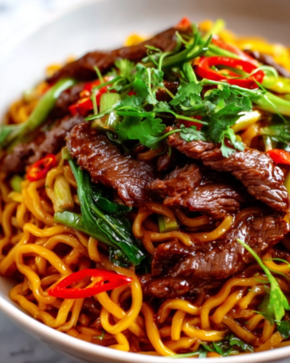 The image shows a close-up of a dish with cooked yellow noodles forming the bottom layer, looking soft and slightly shiny. On top, there are many strips of brown beef with a glazed, slightly glossy texture, mixed with bright green chopped scallions and a few small red chili pieces scattered around. The beef and noodles have a rich, savory look with fresh green cilantro leaves sprinkled on top, adding a fresh touch. The background is a white marbled texture. photo taken with an iphone --ar 4:5 --v 7