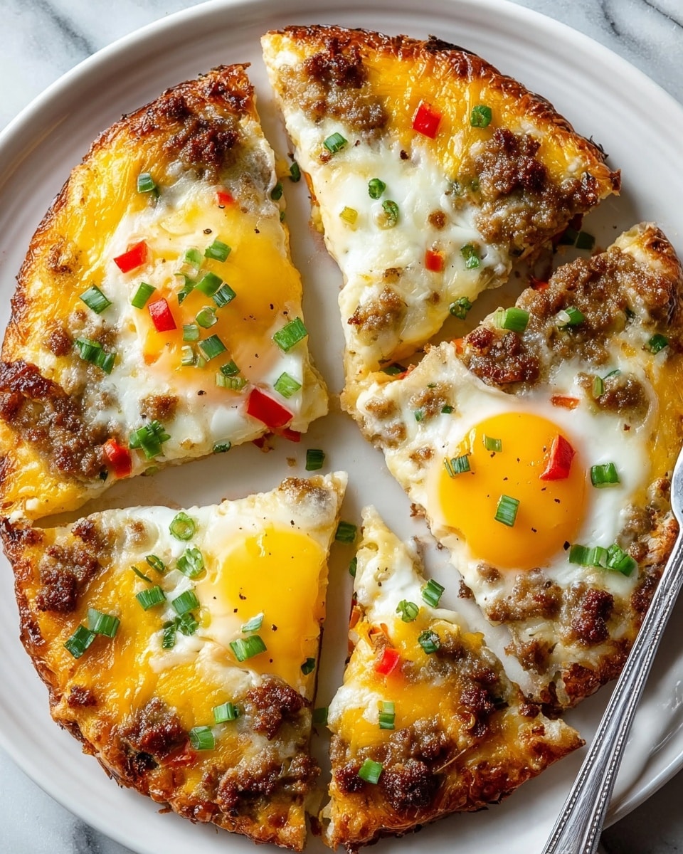 A round breakfast pizza cut into four slices is shown on a white plate with a silver fork on the side. The pizza has a crispy, golden-brown crust with a slightly charred edge. The base layer appears to be melted yellow cheese mixed with browned ground sausage pieces. Each slice is topped with a cooked sunny-side-up egg with a bright yellow yolk and white edges. Scattered red bell pepper pieces and chopped green onions sprinkle over the eggs and cheese, adding a pop of color. A light dusting of red seasoning enhances the visual appeal. The plate rests on a white marbled surface. Photo taken with an iphone --ar 4:5 --v 7