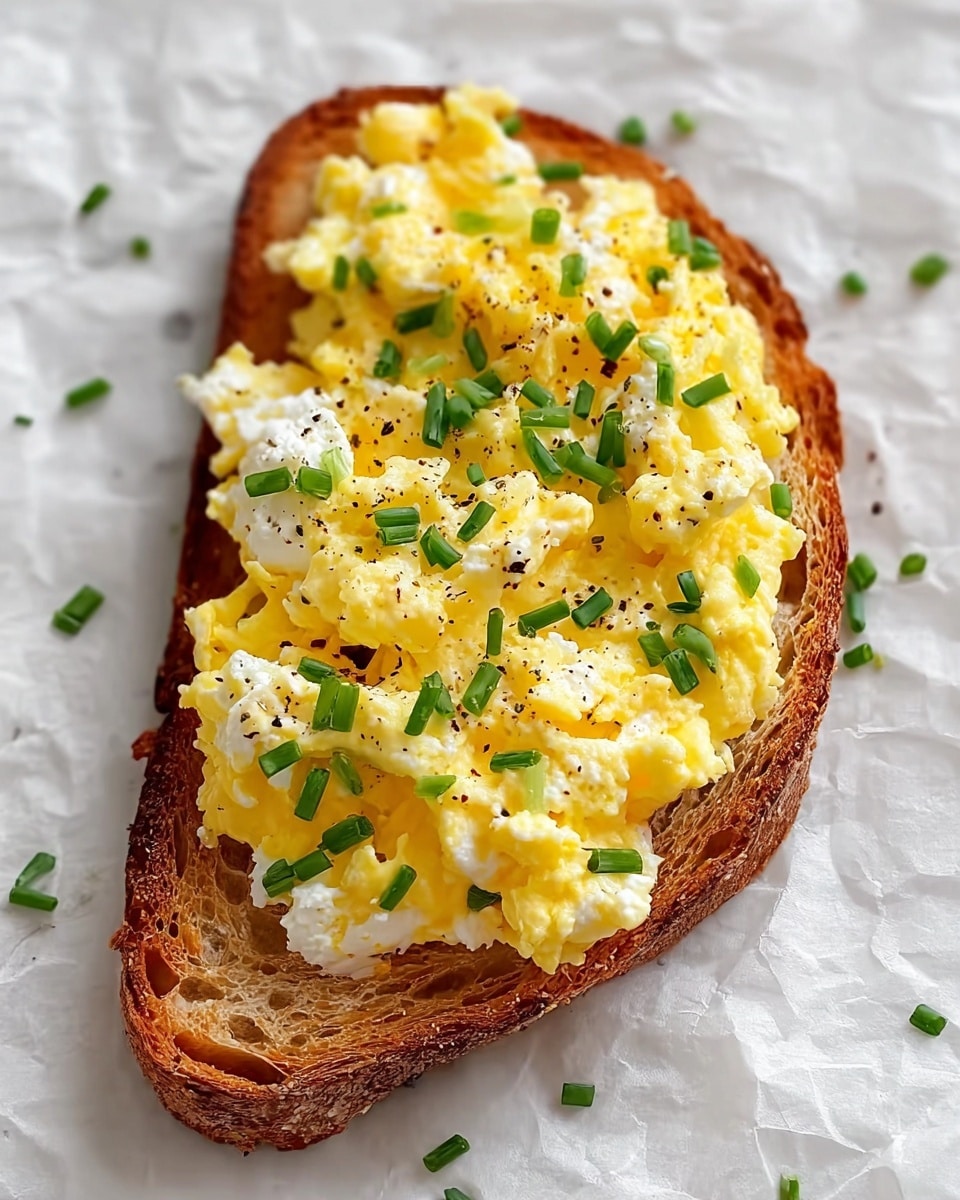 A slice of toasted bread with a golden-brown crust forms the bottom layer. On top is a thick layer of soft, fluffy scrambled eggs in a light yellow color, mixed with dollops of white cottage cheese that add texture. The dish is sprinkled with small pieces of bright green chives and a few cracks of black pepper scattered on top. The toast sits on a crinkled white paper, all placed on a white marbled textured surface. photo taken with an iphone --ar 4:5 --v 7