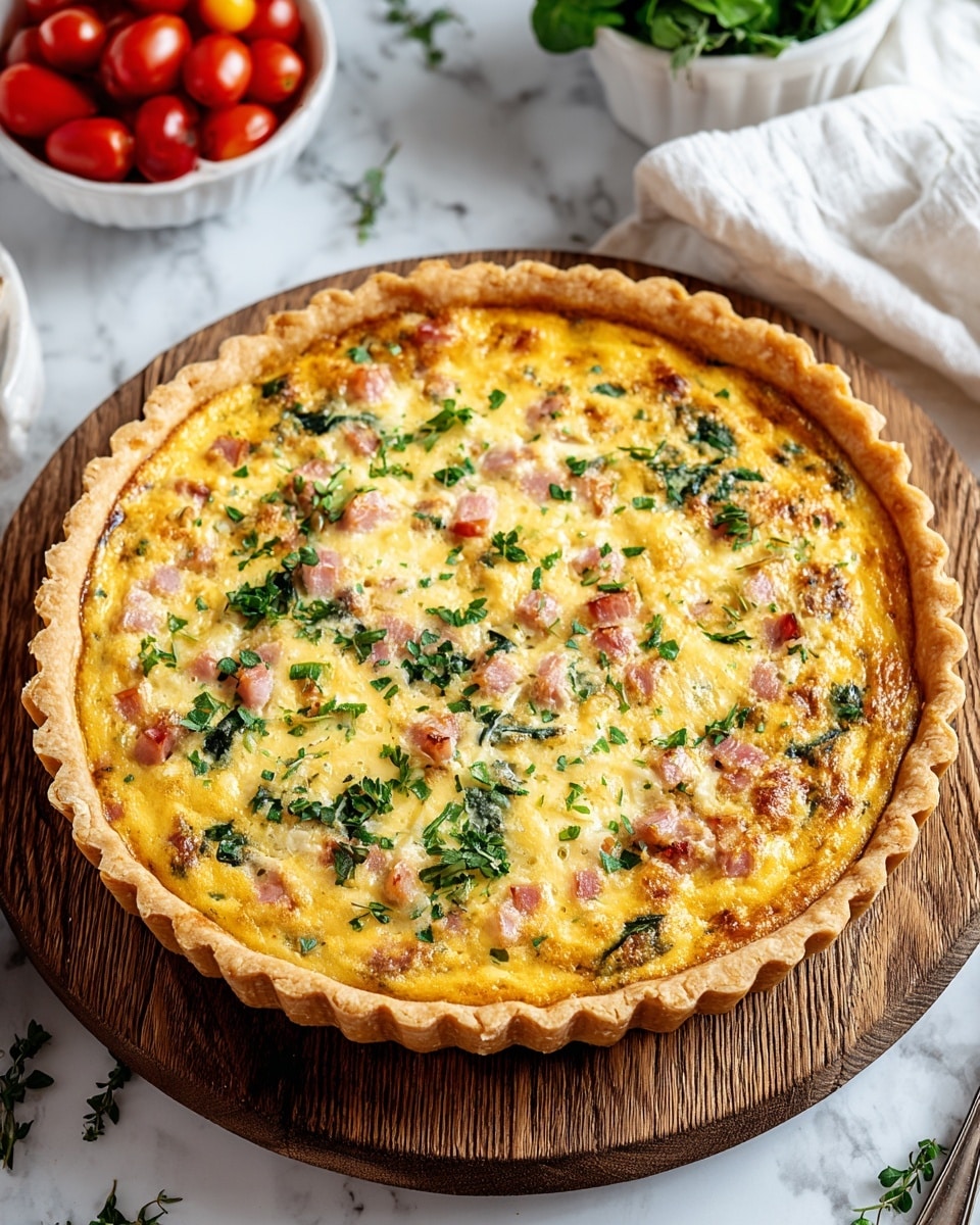 A golden brown pie crust with scalloped edges holds a colorful quiche with visible layers including a yellow egg base mixed with melted cheese, orange chunks, green spinach bits, and small pink pieces of ham, all topped with fresh chopped parsley scattered evenly. The quiche sits on a round dark wooden board placed over a white marbled surface. In the blurred background, there is green leafy parsley on the left and a white bowl filled with red cherry tomatoes on the right next to a silver fork resting on a white cloth napkin. photo taken with an iphone --ar 4:5 --v 7