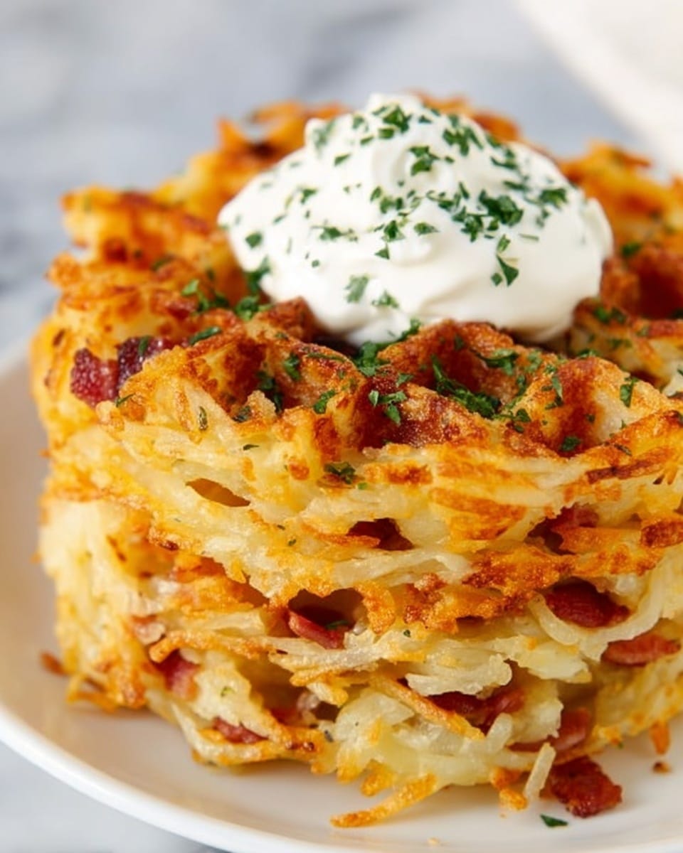 The image shows a close-up of a stacked dish made of three layers of golden brown crispy hash brown patties mixed with bits of cooked bacon, arranged neatly on a white plate. Each layer has a rough crispy texture with a mix of light yellow and orange hues from the potatoes and cheese. On top of the stack sits a dollop of white sour cream sprinkled with small green parsley pieces, adding a fresh contrast. The edges of the patties are slightly browned and crunchy, showing a well-cooked finish. The dish is placed on a white marbled surface. Photo taken with an iphone --ar 4:5 --v 7