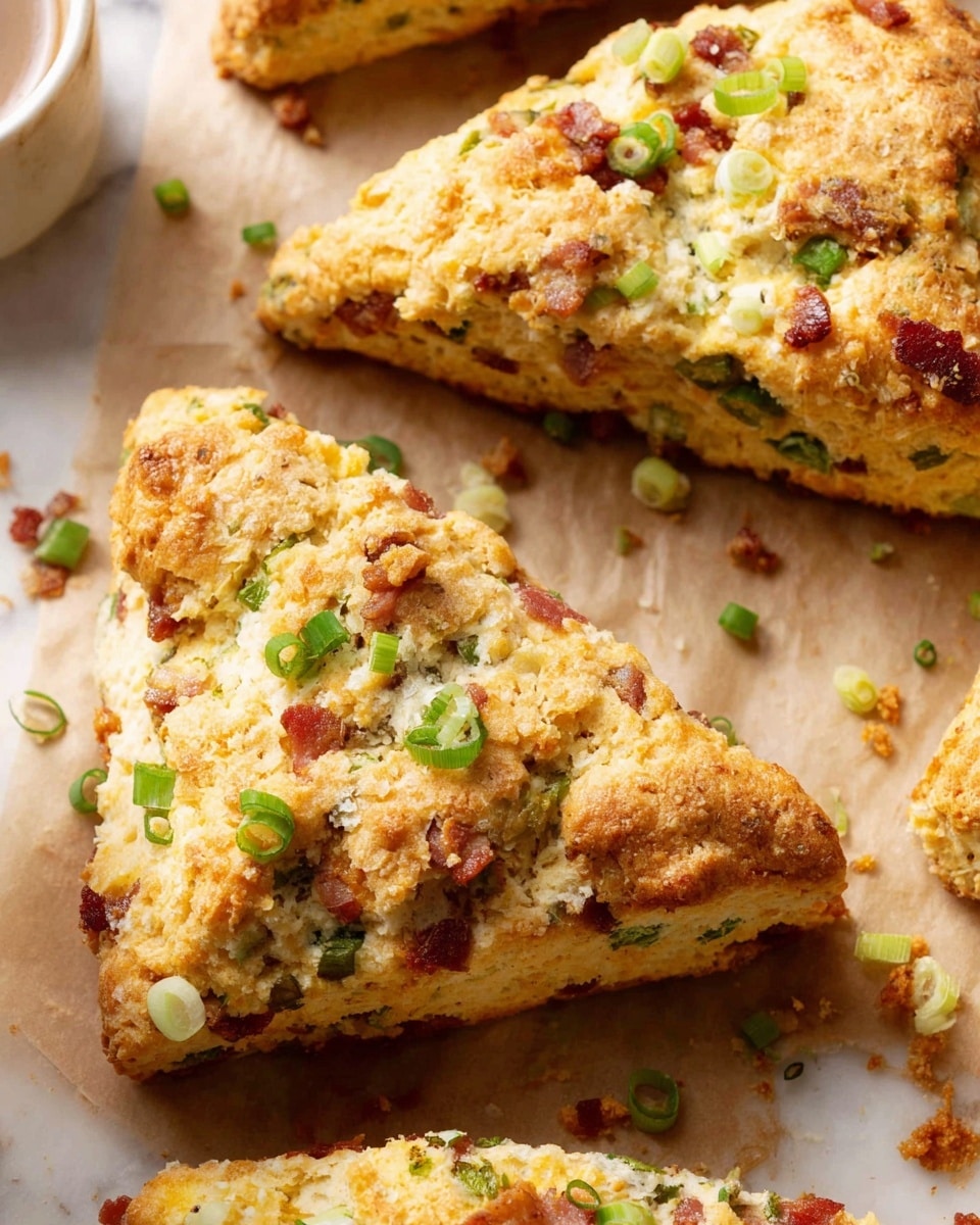 This image shows several triangular scones placed on light brown parchment paper over a white marbled surface. Each scone has a crumbly golden crust with visible small round pieces of crispy bacon embedded throughout. There are scattered bright green chopped scallions on top and inside the scones, adding contrast to the light creamy dough. The texture looks soft inside but slightly crunchy on the edges from baking. The scones are arranged close together, capturing their rustic homemade look with crumbs and bits around them. photo taken with an iphone --ar 4:5 --v 7