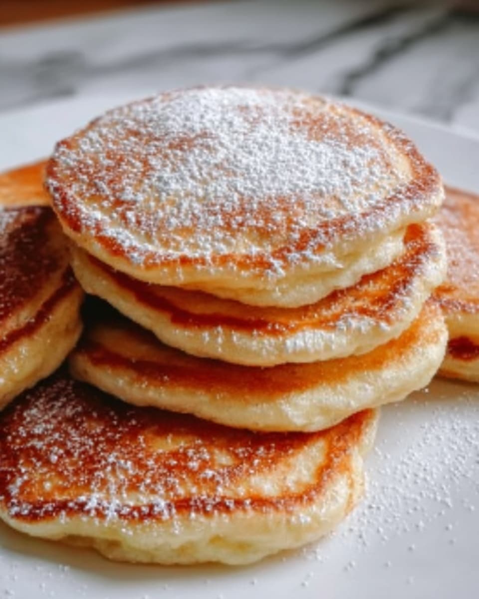 A close-up view of a small stack of golden brown pancakes on a white plate, each pancake showing a soft and fluffy texture with slightly crisp edges. The top pancake is sprinkled lightly with powdered sugar, giving a delicate white dusting that contrasts with the warm golden color. The pancakes are unevenly stacked, showing slight variations in size and shape, with a blurred white marbled surface behind the plate. The lighting is soft, enhancing the warm tones and texture of the pancakes, photo taken with an iphone --ar 4:5 --v 7