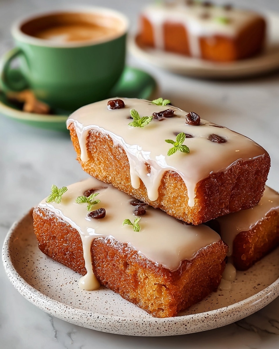 A stack of three golden-brown rectangular pastries is shown on a speckled white plate, each piece covered with thick, smooth white icing that drips down the sides. Small green herb leaves and tiny round brown toppings are placed on top of the icing, adding a touch of color. In the background, there is a white cup with a teal saucer filled with coffee, placed on a white marbled surface. The close-up shot highlights the shiny texture of the pastry and the creamy glaze. Photo taken with an iphone --ar 4:5 --v 7