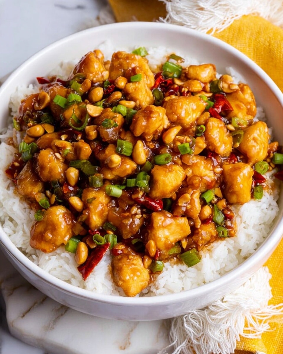 The image shows a white bowl filled with a base layer of fluffy white rice. On top of the rice, there are chunky pieces of chicken cooked in a shiny, sticky, reddish-brown sauce. The chicken pieces are mixed with small whole peanuts, chopped green onions, and small bits of red chili pepper, giving the dish pops of green and red color against the orange-brown chicken. The bowl sits on a surface with a white marbled texture. photo taken with an iphone --ar 4:5 --v 7
