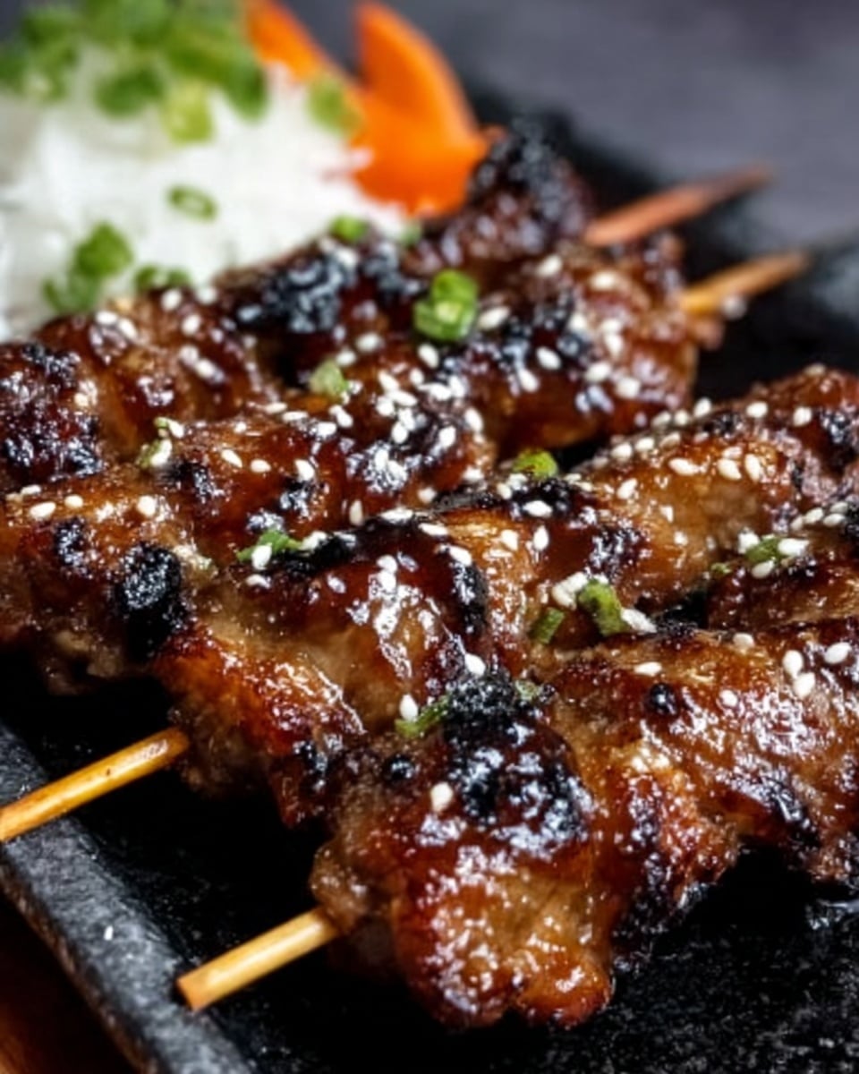 The image shows four grilled meat skewers arranged neatly on a dark rectangular plate with a glossy finish. Each skewer has evenly spaced chunks of browned, slightly charred meat glazed with a shiny, sticky sauce that gives a rich, dark caramel color. The meat pieces have a slightly rough texture with visible grill marks and some sprinkled sesame seeds on top. The skewers are set close together, and small green onion slices are scattered lightly around the edges. In the background, a mound of white rice sits next to the skewers, topped with a few green herb leaves. The entire setup rests on a white marbled textured surface. Photo taken with an iphone --ar 4:5 --v 7