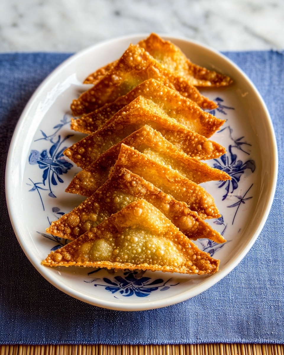 An oval white plate with a faint blue floral design near one edge holds ten crispy fried triangular snacks arranged in a neat overlapping row. Each snack has a golden brown color with bubbled, crunchy texture on the surface, showing a slight gradient from darker edges to lighter centers. The plate is set on a white marbled surface with a blue cloth and a small piece of bamboo mat quietly visible beneath. Photo taken with an iphone --ar 4:5 --v 7