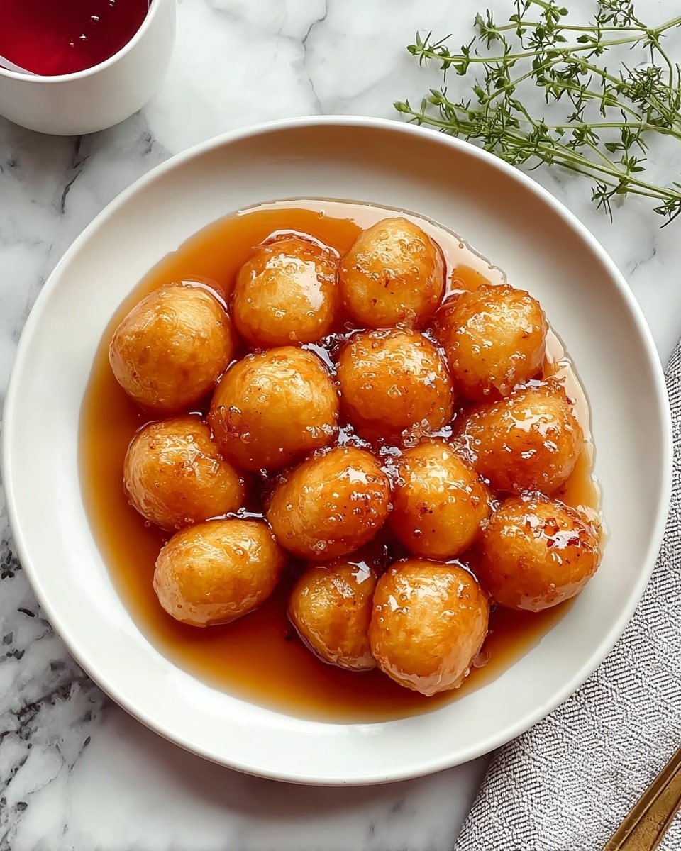 A white textured plate holds a layer of amber-colored sticky syrup at the bottom, topped with about fifteen small, golden-brown fried dough balls that are shiny and smooth with a slightly crisp crust. The dough pieces are irregularly shaped, clustered in the center of the plate, creating a warm, inviting contrast between the syrup and the fried pastries. The plate sits on a white marbled surface next to a cup with a dark red liquid and some green herbs partially visible on the right edge. Photo taken with an iphone --ar 4:5 --v 7