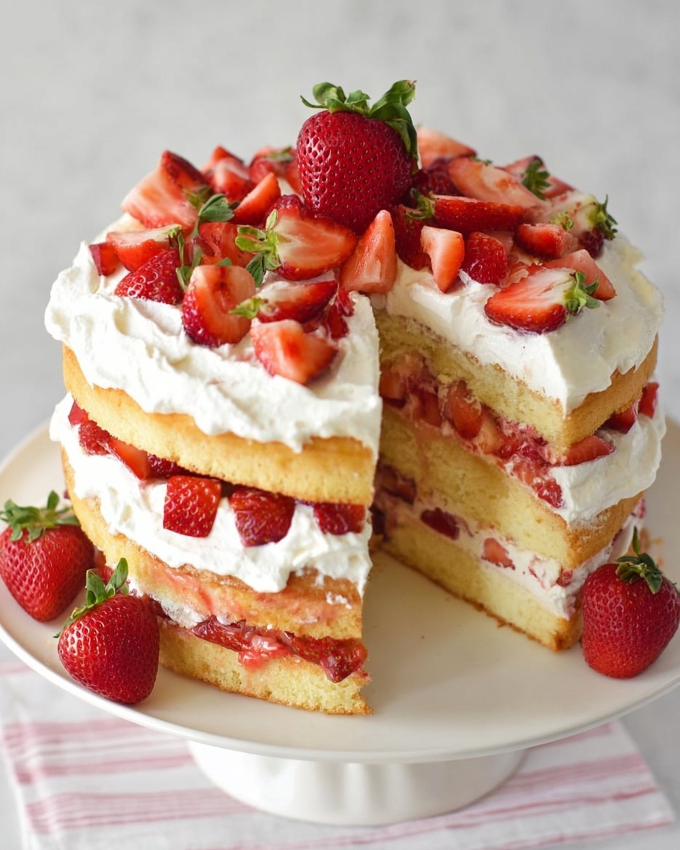 A three-layer yellow sponge cake filled and topped with white whipped cream mixed with small red strawberry pieces. The top layer is densely covered with chopped strawberries, with several whole and halved strawberries arranged on top, creating a fresh, vibrant red contrast against the white cream. The cake is displayed on a white stand with a few halved strawberries placed around its base, all set on a white marbled surface. Photo taken with an iphone --ar 4:5 --v 7