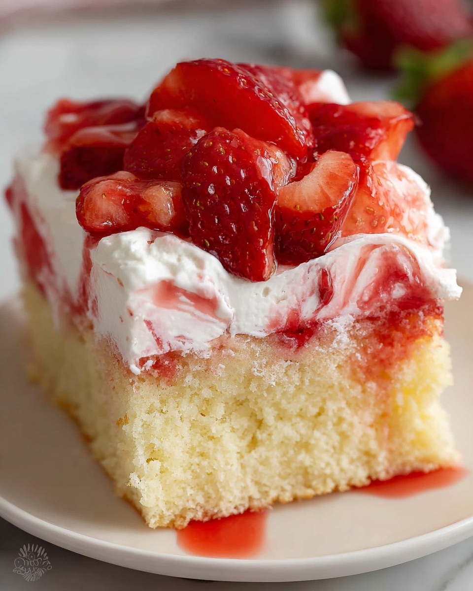 A close-up of a square piece of cake with three visible layers: the bottom layer is a light yellow soft sponge cake with a slightly crumbly texture, the middle layer is a swirled pinkish cream mixed into a white creamy layer, and the top layer is covered with fresh, bright red strawberry slices arranged unevenly, with strawberry juice slightly dripping down into the creamy layer. The cake sits on a white plate against a white marbled textured background, with a few whole strawberries blurred in the corner. Photo taken with an iphone --ar 4:5 --v 7