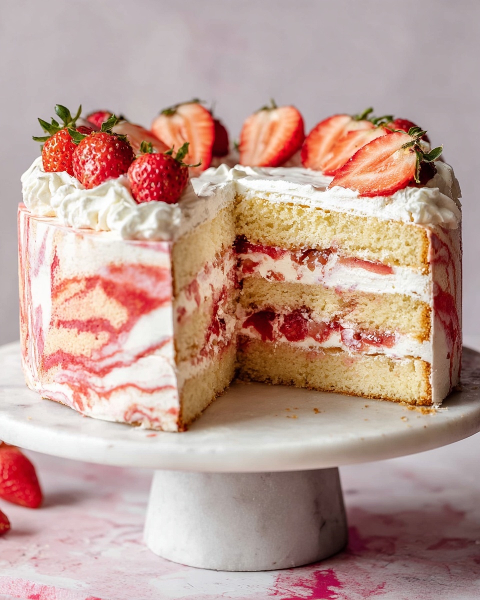 A three-layer sponge cake with light yellow layers is filled with white cream and small red strawberry pieces in between each layer. The outside is covered in white cream with red strawberry swirls, giving it a marbled look. On the top, there are several whole strawberries placed as decoration. The cake is on a white marble cake stand, which has a smooth, shiny surface. The background is a white marbled texture. One slice of the cake is cut but still placed beside the cake. Photo taken with an iphone --ar 4:5 --v 7