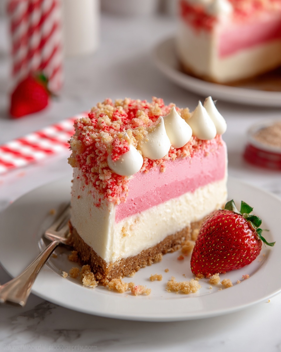 A slice of layered dessert is shown on a white plate on top of a white marbled surface. The dessert has three layers: a crumbly, light brown base, a white creamy middle layer, and a thick pink top layer. On top of the pink layer, there are small red and light brown crumb pieces scattered with three dollops of white cream near the edge. A whole fresh red strawberry with green leaves is placed on the plate next to the slice. In the background, there is another white plate with a similar slice of dessert and strawberries, along with two red and white striped straws in the foreground. Photo taken with an iphone --ar 4:5 --v 7