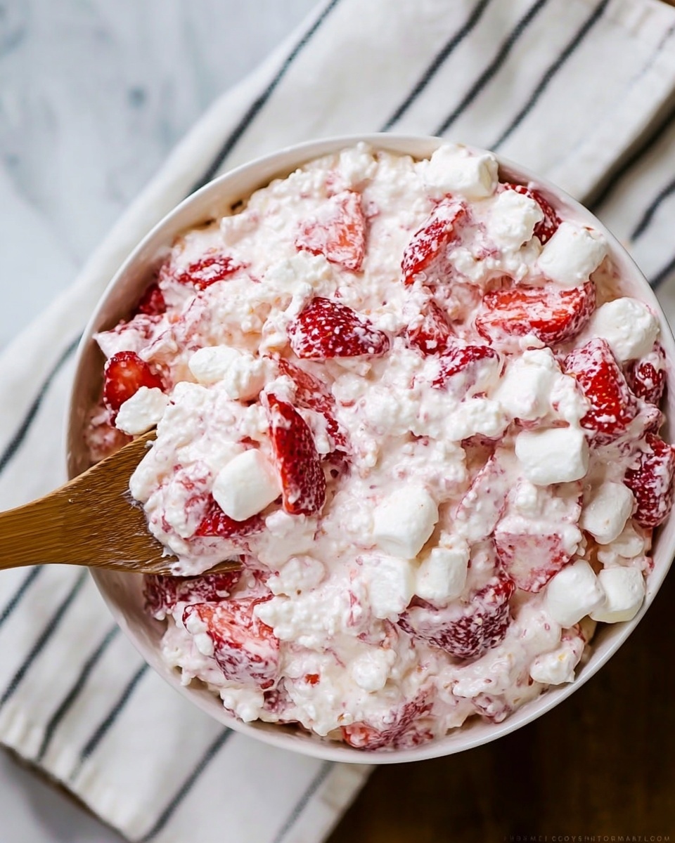 The dish is served in a white bowl filled with a creamy, chunky mix of small, white marshmallows and bright red strawberry pieces covered in a light pink, creamy sauce. The texture looks soft and slightly sticky, with the strawberries evenly spread throughout the mixture. A wooden spoon is partly visible, inserted on the left side of the bowl, blending with the creamy top layer. The bowl rests on a white marbled surface with a white cloth beneath it. photo taken with an iphone --ar 4:5 --v 7