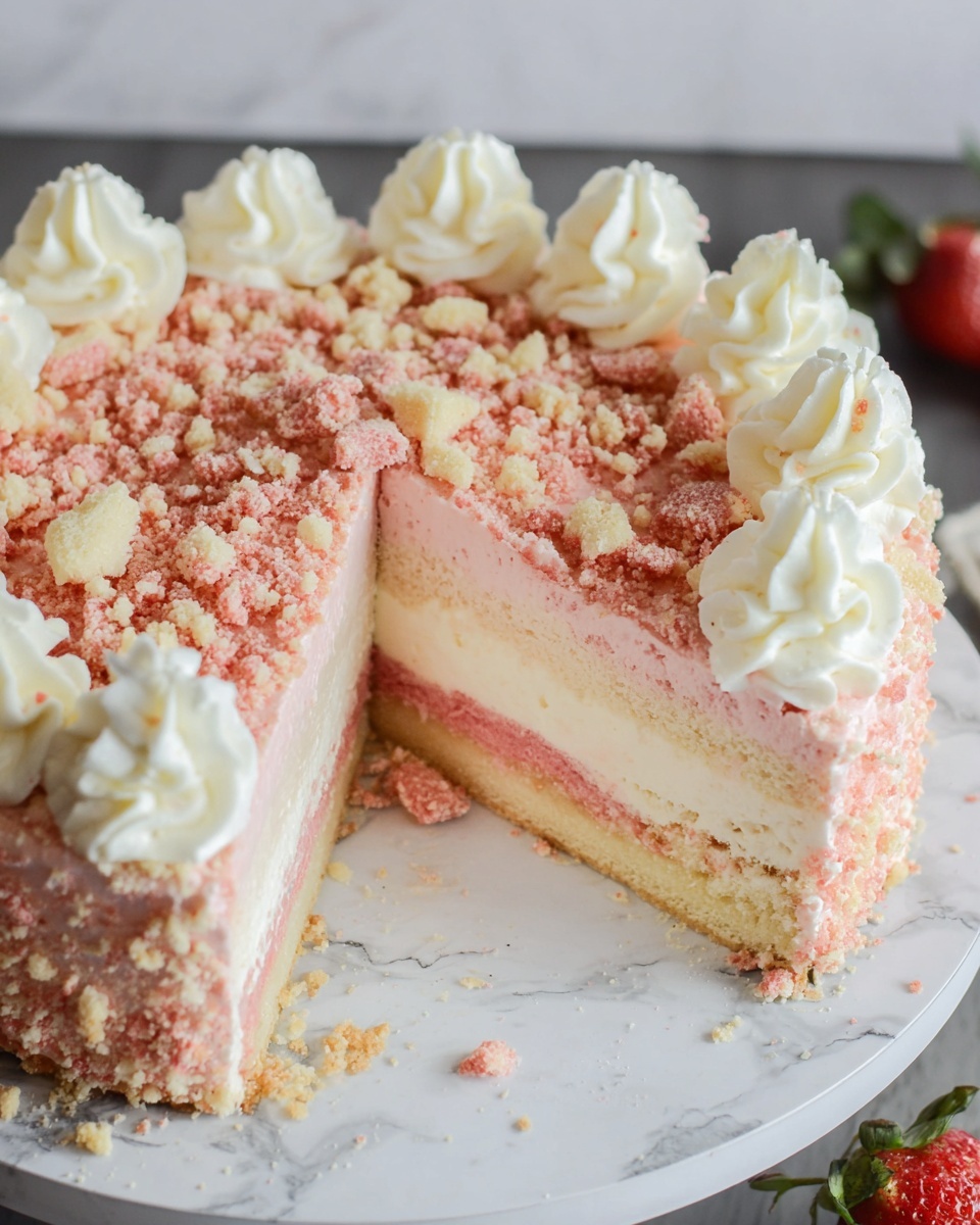 The image shows a round layered dessert with four visible layers on a white plate against a white marbled background. The bottom layer is a thin light tan crust, followed by a thick pale pink creamy layer. Above that is a thicker white creamy layer, then another thin pale pink creamy layer. The top of the dessert is covered with crushed light tan and pink crumbly bits, creating a rough texture. Around the edge, there are white swirls of whipped cream evenly spaced. Some crumbs are scattered on the plate near the dessert. A whole strawberry is visible in the background, slightly blurred. photo taken with an iphone --ar 4:5 --v 7
