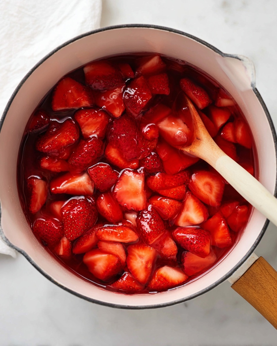 A close-up view of a white enamel pot with a wooden handle filled with bright red strawberries, some sliced and some whole, soaking in a shiny, deep red syrup that covers them almost halfway. The strawberries show a mix of smooth, glossy textures and soft, juicy surfaces with visible seeds. The pot sits on a white marbled textured surface, and a peach-colored spatula edge is slightly visible on the right side, partially submerged in the syrup. Photo taken with an iphone --ar 4:5 --v 7