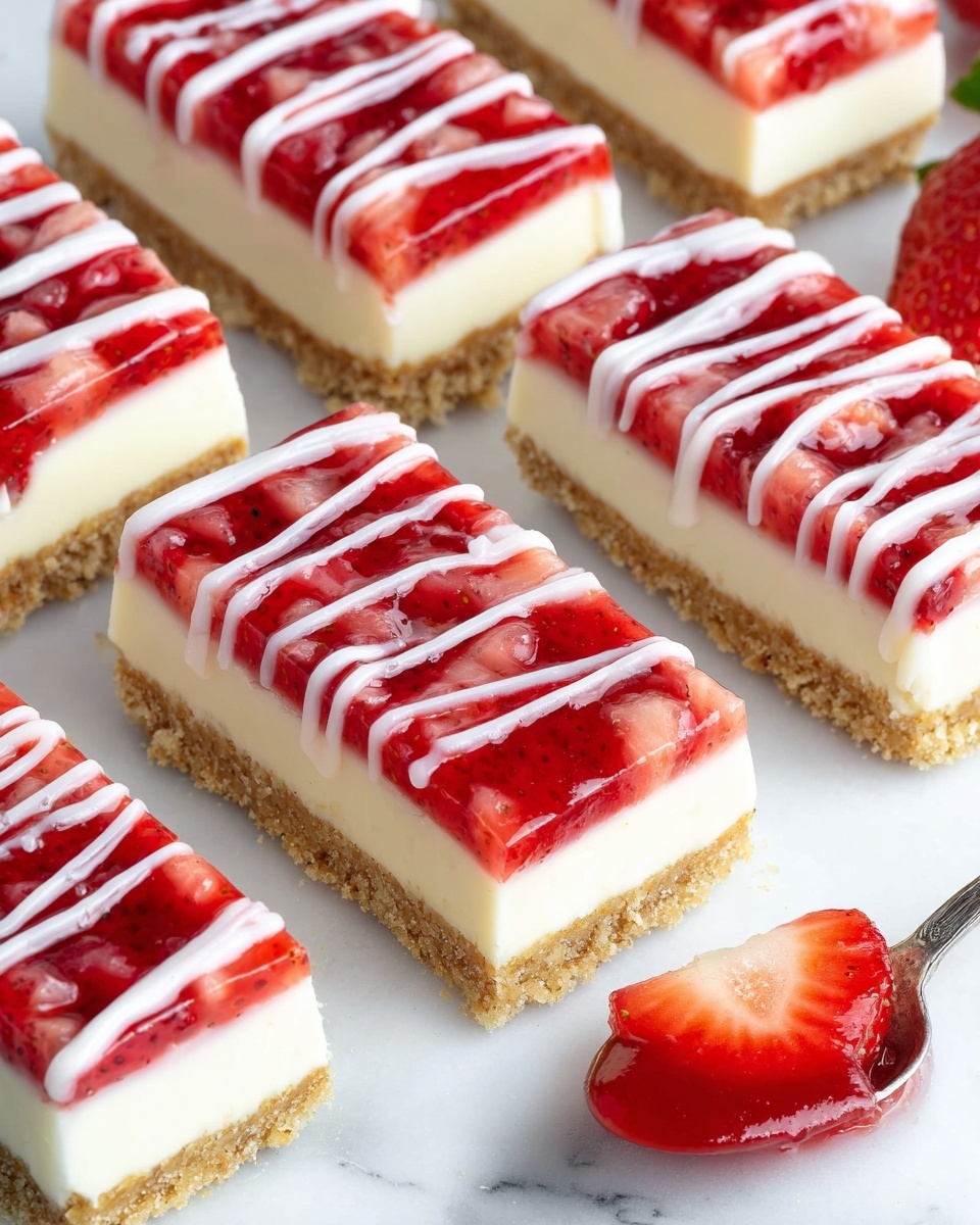 The image shows rectangular strawberry cheesecake bars, each with three layers: a crumbly light brown base, a thick creamy off-white middle layer, and a glossy bright red strawberry topping with visible small fruit pieces. White icing is drizzled in thin, even lines across the top of each bar. A spoon with thick, red strawberry sauce and a fresh sliced strawberry are placed beside the bars on a white marbled surface. Photo taken with an iphone --ar 4:5 --v 7