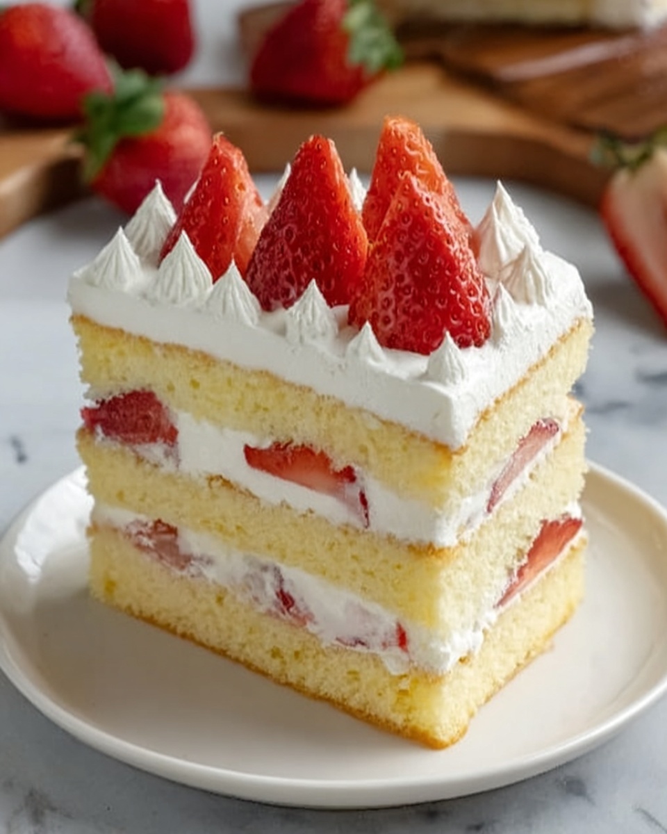 A slice of layered cake on a white plate sits on a white marbled surface. The cake has two thick layers of soft yellow sponge. Between the layers is a smooth white cream with halved red strawberries embedded inside. The top layer is covered with white whipped cream, textured with soft peaks. On top are several fresh red strawberry halves standing upright, their glossy flesh visible. In the background, a bowl with whole strawberries is slightly out of focus. Photo taken with an iphone --ar 4:5 --v 7
