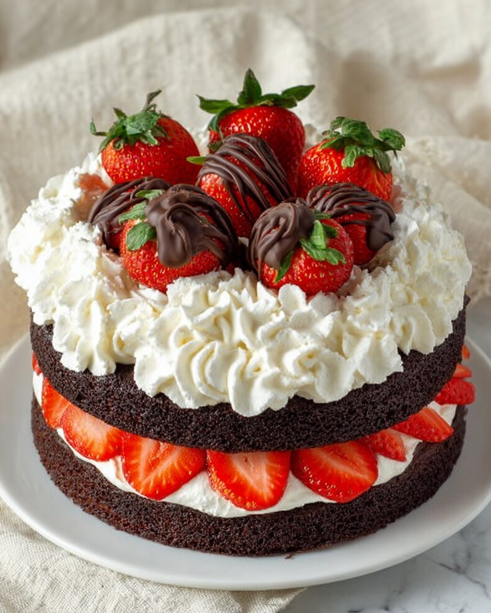 A two-layer dark chocolate cake sits on a white plate, each thick layer filled with white whipped cream and sliced red strawberries. The top layer is covered with more white whipped cream swirls and fresh whole strawberries, some of which are drizzled with dark chocolate. The cake rests on a white marbled texture background. photo taken with an iphone --ar 4:5 --v 7
