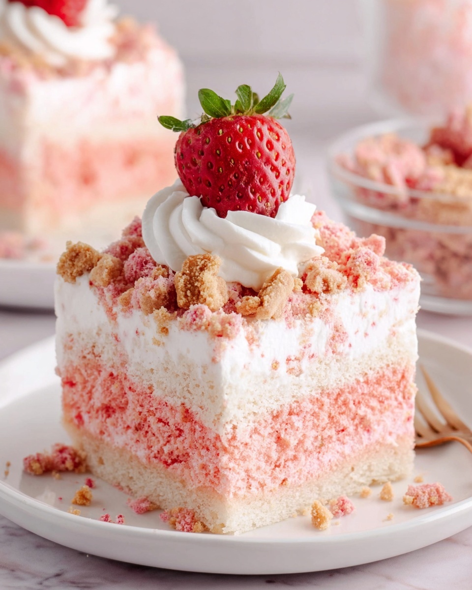 A square piece of white and light pink cake sits on a white plate with a white marbled texture underneath. The bottom layer is a soft, spongy cake with a mix of white and pink colors, creating a gentle gradient. Above this is a thick layer of light pink creamy filling mixed into the cake. On top is a thin layer of white whipped cream, crowned with a generous layer of pink crumb topping made of small and larger crunchy chunks. A swirl of white whipped cream rises in the center, topped by a fresh, bright red strawberry sliced in half, its heart shape facing forward. Photo taken with an iphone --ar 4:5 --v 7