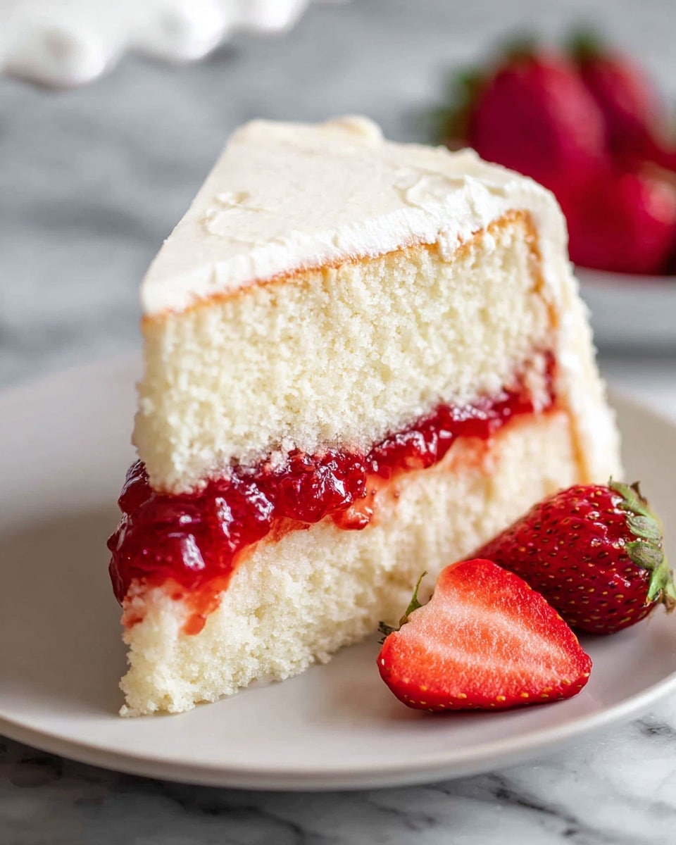 A slice of two-layer white cake with a smooth, light texture sits on a white plate. Between the two layers, there is a shiny red strawberry jam filling that looks thick and sweet. The top of the cake is covered with white cream, which also borders the sides lightly. Next to the cake slice on the plate, there are fresh, bright red strawberry halves with their seeds visible, adding a fresh contrast to the soft cake texture. The plate rests on a white marbled surface, with a blurred background showing more strawberries. Photo taken with an iphone --ar 4:5 --v 7