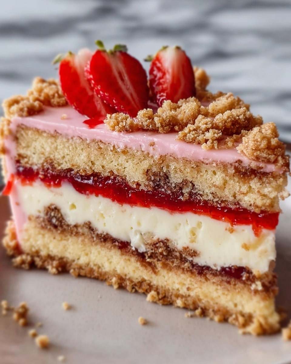 A close-up of a single slice of layered cake on a white plate with a white marbled texture surface underneath. The cake slice shows four visible layers: the bottom layer is a crumbly golden-brown crust, above it is a thick layer of white creamy filling, followed by a thin bright red strawberry jam layer, then another thick white creamy layer, topped by a golden crumb topping mixed with small nut pieces, and finally fresh red strawberry pieces and a thin layer of pink glaze on top. The textures range from smooth cream to crunchy crumbs and juicy strawberries. Photo taken with an iphone --ar 4:5 --v 7
