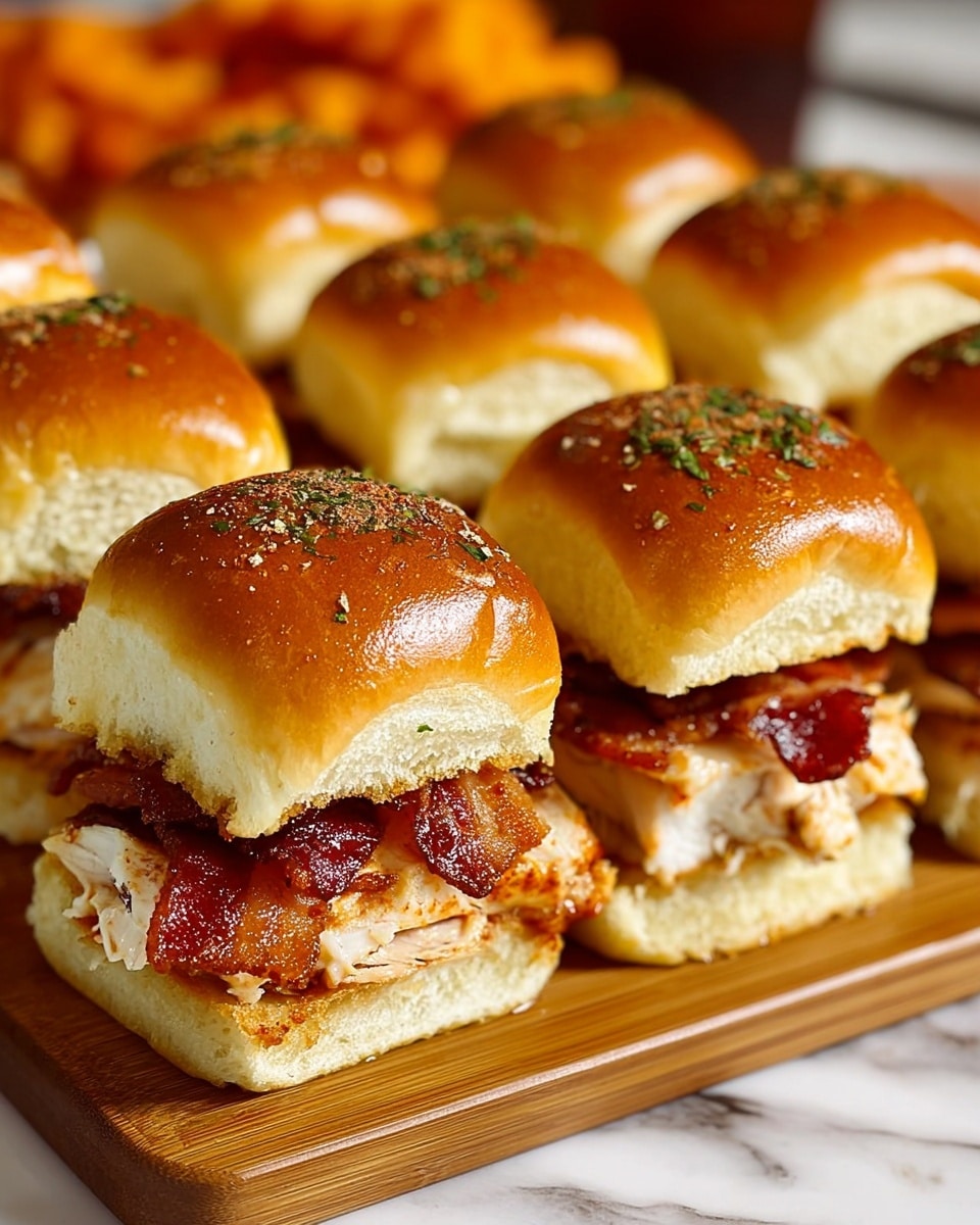 The image shows close-up mini sandwiches arranged on a wooden board. Each sandwich has three layers: the top golden-brown bun with a sprinkle of breadcrumbs and green herbs, a crispy reddish-brown bacon slice, and a juicy, light golden fried chicken fillet resting on the soft white bottom bun. The buns are soft and slightly shiny, with a fluffy texture inside, while the chicken has a crunchy coating. The sandwiches are placed closely together in rows on the wooden board against a white marbled texture surface. photo taken with an iphone --ar 4:5 --v 7