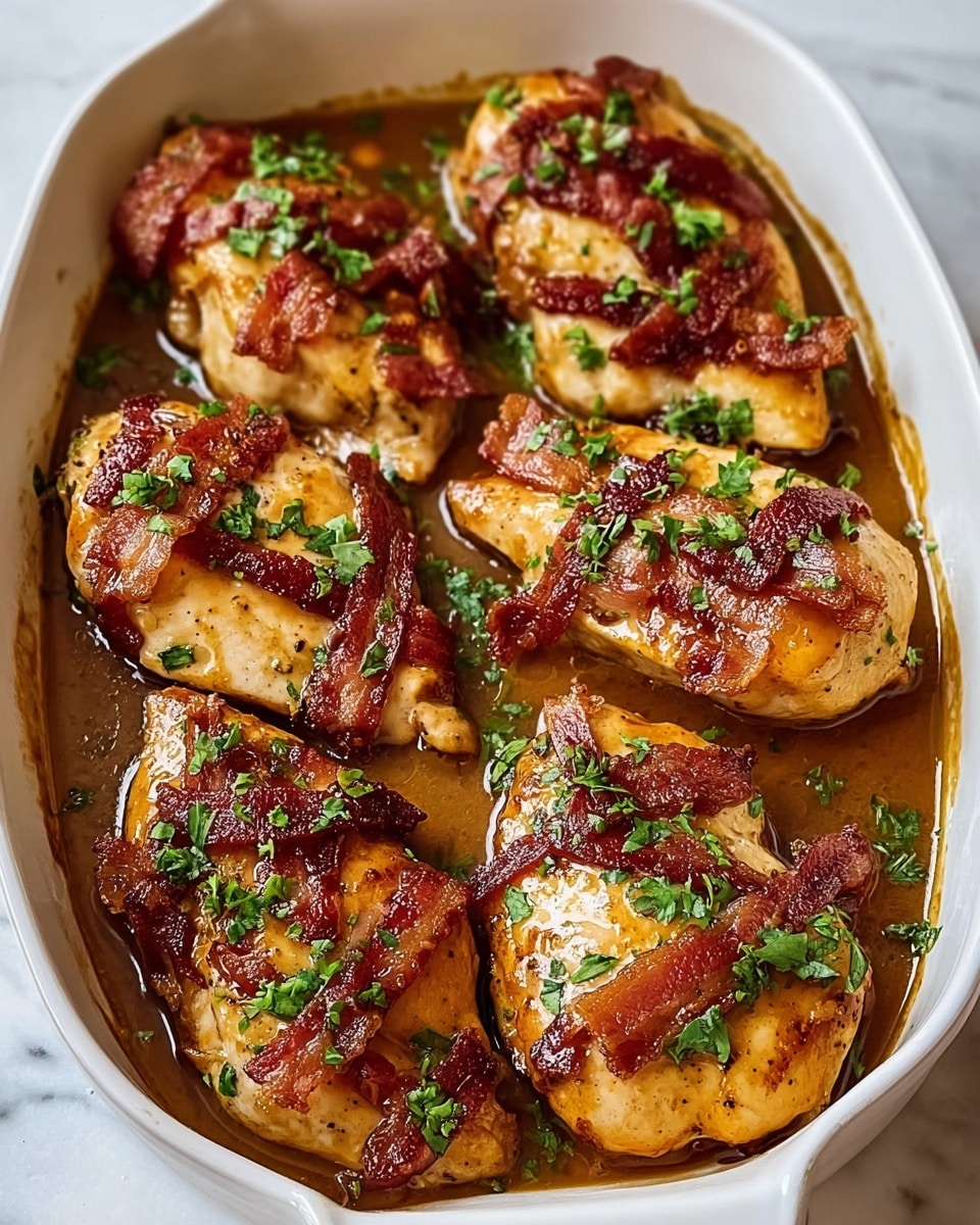 The image shows a white dish filled with six pieces of cooked chicken breasts, each topped with two to three strips of crispy, dark brown bacon. The chicken has a golden-brown surface with a shiny glaze, possibly a sauce, pooling slightly around the base of the chicken. Small green herbs are sprinkled generously over the chicken and bacon, adding a fresh contrast to the warm colors. The dish rests on a white marbled textured surface. photo taken with an iphone --ar 4:5 --v 7