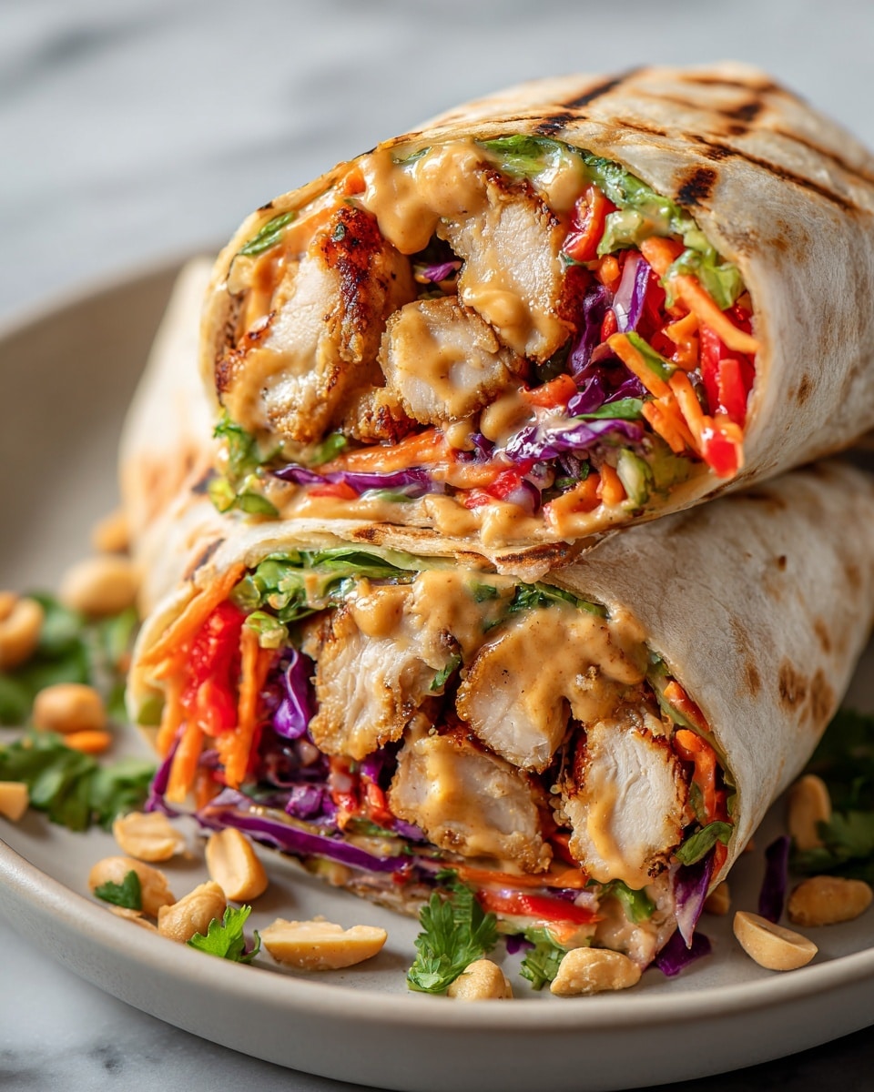 A wrap cut in half and placed on a white plate, resting on a white marbled surface, shows three main layers: the outer white tortilla with light toasted marks, an inner layer of grilled chicken pieces that are brown with charred edges, and a colorful mix of shredded purple cabbage, orange carrots, green lettuce, and red bell peppers. A creamy light brown sauce is drizzled over the chicken and vegetables inside the wrap. Chopped peanuts and green herbs are scattered on top of the wrap and around the plate, adding texture and color contrast. Photo taken with an iphone --ar 4:5 --v 7