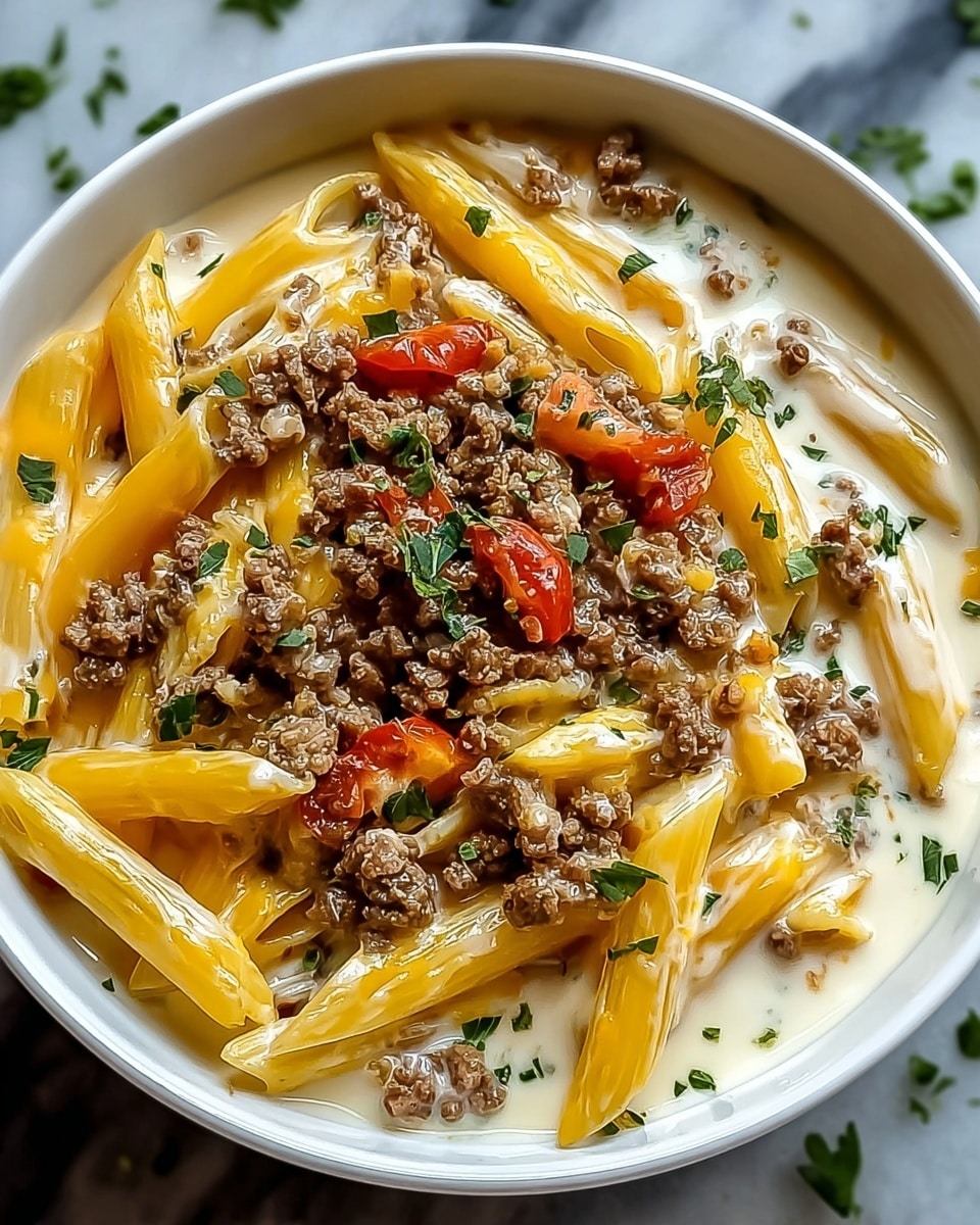 A close-up of a bowl filled with creamy pasta showing three main layers: at the bottom, a smooth white cheese sauce; on top of that, a mix of yellow penne pasta with a glossy texture layered evenly; scattered throughout are small, browned bits of cooked ground beef adding a crumbly texture; bright red pieces of tomato are interspersed among the pasta; sprinkled fresh green basil leaves add a pop of color on the surface; the bowl is white with a thin black rim; the background is a white marbled texture. photo taken with an iphone --ar 4:5 --v 7