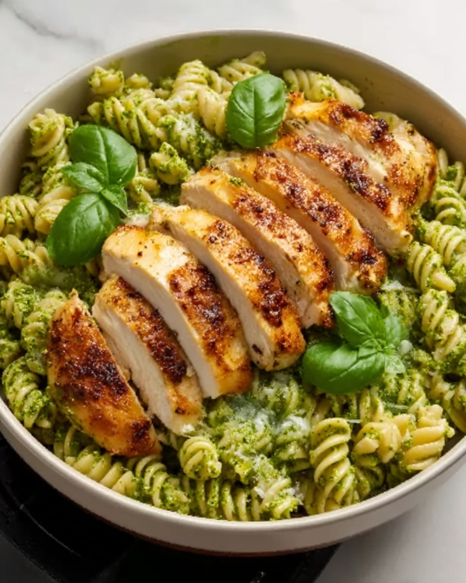 A black bowl holds a bed of green pesto pasta spirals with a smooth, oily texture. On top, there are five slices of grilled chicken breast, showing clear, brown, slightly charred grill marks and a golden-brown seared crust. The chicken is neatly placed in a row in the center, covering the pasta beneath. Fresh green basil leaves are scattered around for a pop of color. The bowl sits on a white marbled surface. Photo taken with an iphone --ar 4:5 --v 7