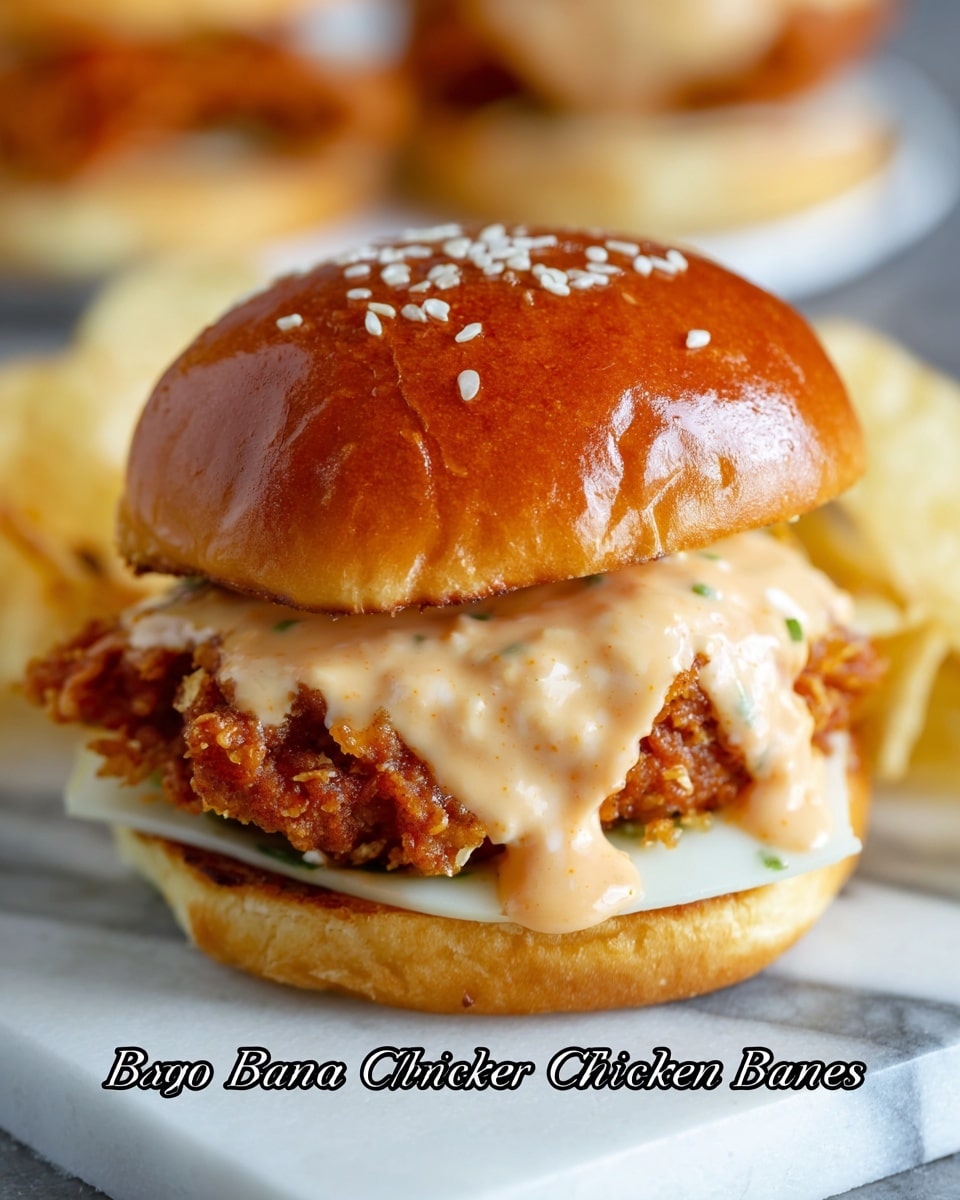 A close-up of a Bang Bang Chicken Slider shows a small sandwich with a sesame seed-topped soft golden bun. The bottom bun holds a layer of crispy fried chicken with a crunchy brown texture. Above the chicken is a smooth white slice of cheese, slightly melted. A creamy, light orange sauce generously drips down over the chicken and cheese, adding a glossy finish. The top bun rests on the sauce, completing the slider. The background has a white marbled texture and some crispy potato chips are visible on the side. photo taken with an iphone --ar 4:5 --v 7