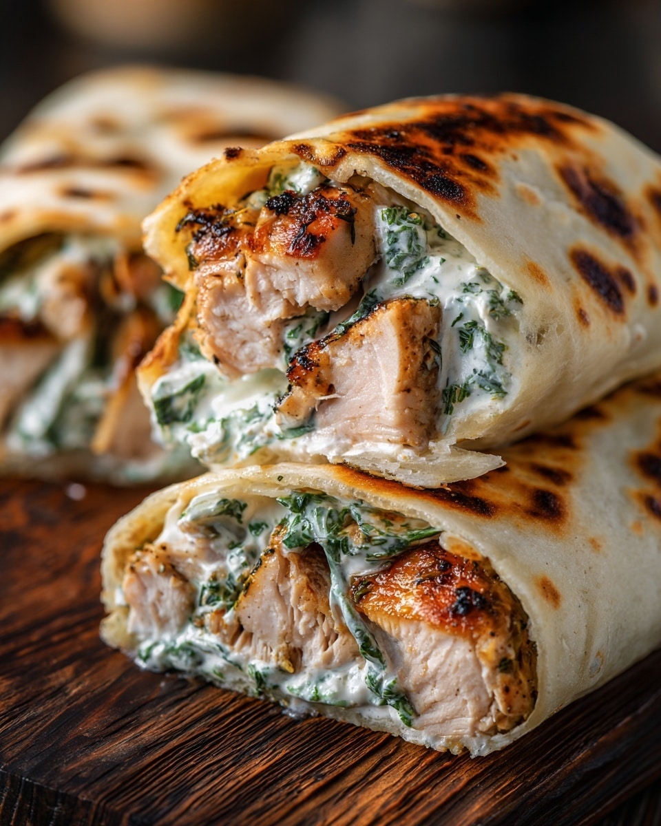 This image shows a close-up of a rolled wrap with a slightly crisped, golden-brown flatbread on the outside. Inside the wrap, there are small pieces of grilled chicken with a light golden char. The chicken is covered with a creamy white sauce that has visible green herbs mixed in, adding a fresh touch. The wrap is folded neatly, revealing a thick filling that looks soft and juicy. The background is a white marbled surface, giving a clean and fresh look. photo taken with an iphone --ar 4:5 --v 7