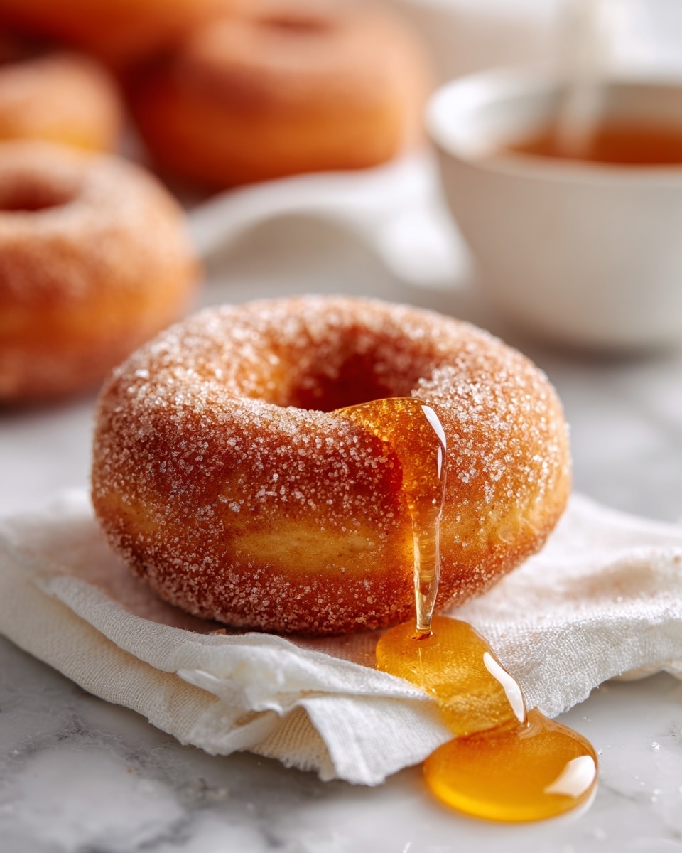 A close-up image of a golden-brown donut covered in sugar crystals, placed on a white textured napkin on a white marbled surface. The donut has a rough, crunchy look with visible granules of sugar all over its surface. Honey or syrup is dripping off the donut in a shiny, sticky stream, pooling slightly below it. In the blurred background, there are more donuts and a white bowl filled with honey or syrup. The overall scene has warm, inviting tones. photo taken with an iphone --ar 4:5 --v 7